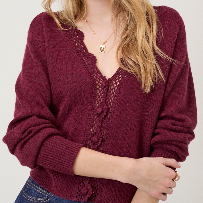 Burgundy Crochet Trim V Neck Cardigan