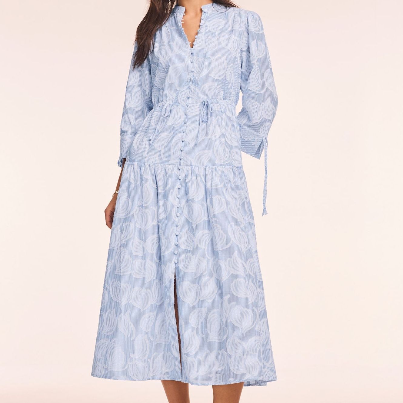 Blue Cotton Floral Shirt Midi Dress