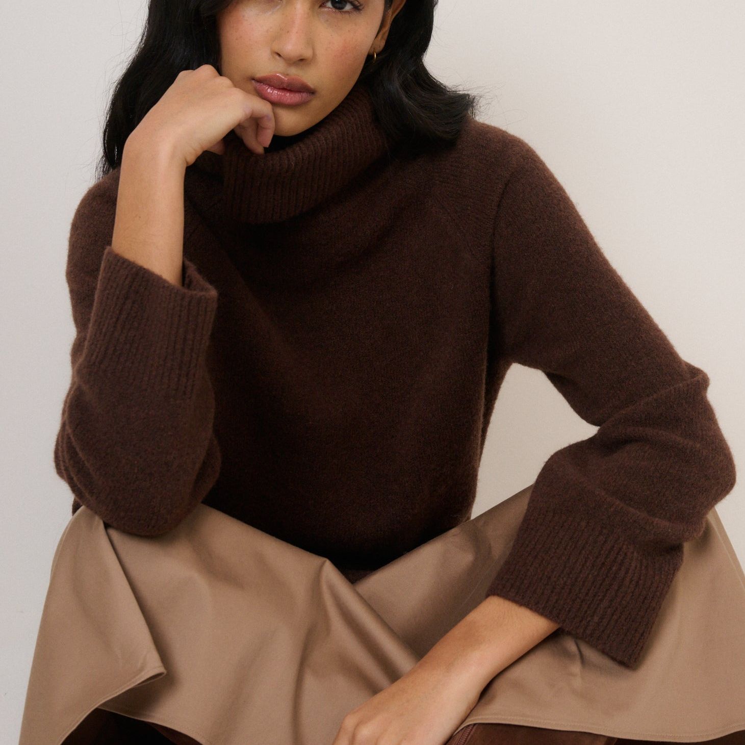 Chocolate Brown Roll Neck Longline Jumper
