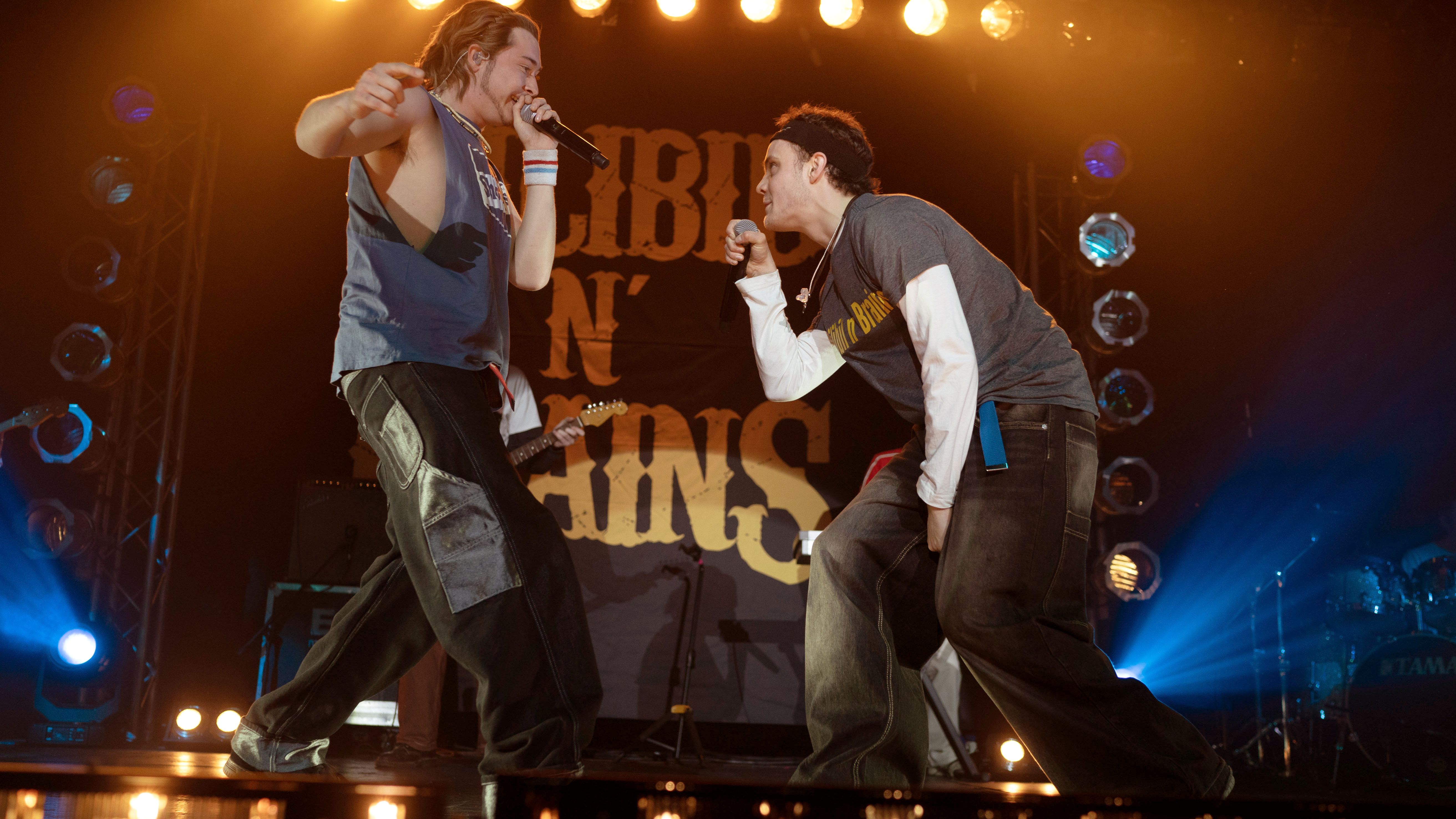 an image from the film california schemin' showing the main duo performing on stage