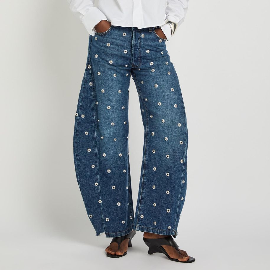Stud-Embellished Barrel-Leg Jeans