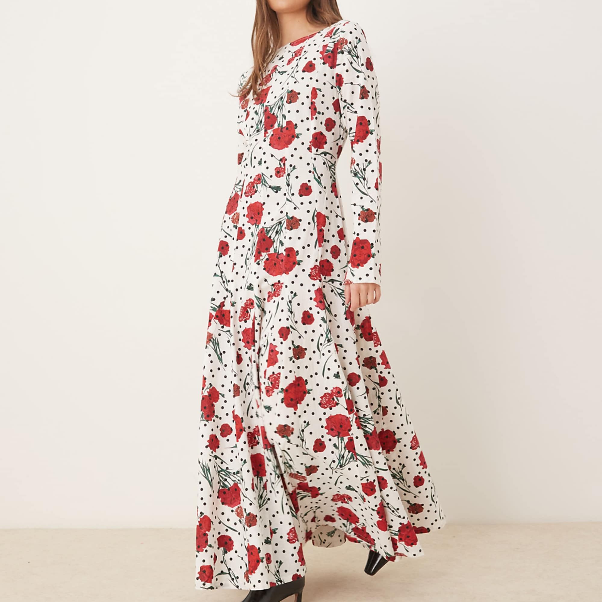 Asos Design Slash Neck Maxi Dress With Full Skirt in Floral Polkadot