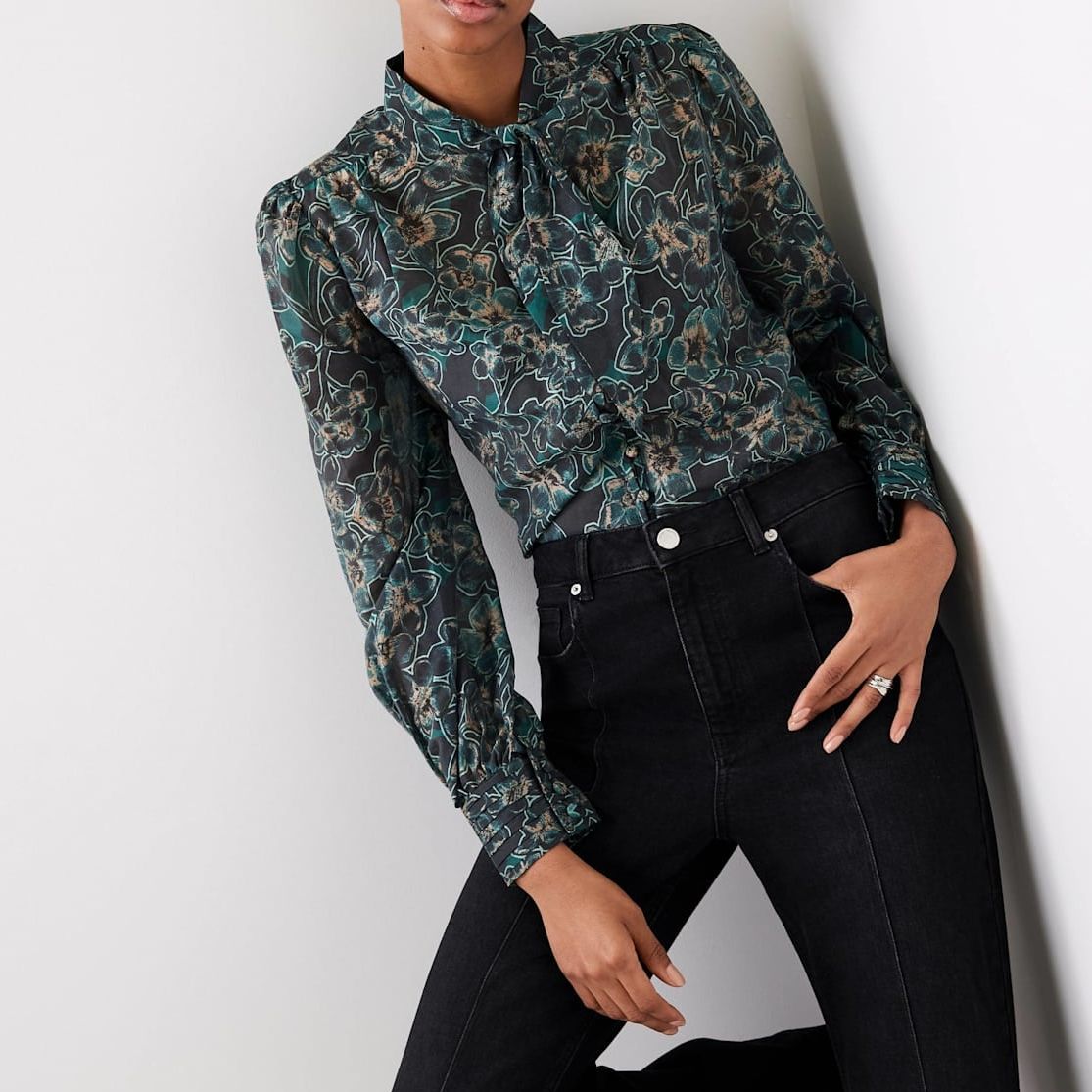Green Floral Print Tie Neck Blouse