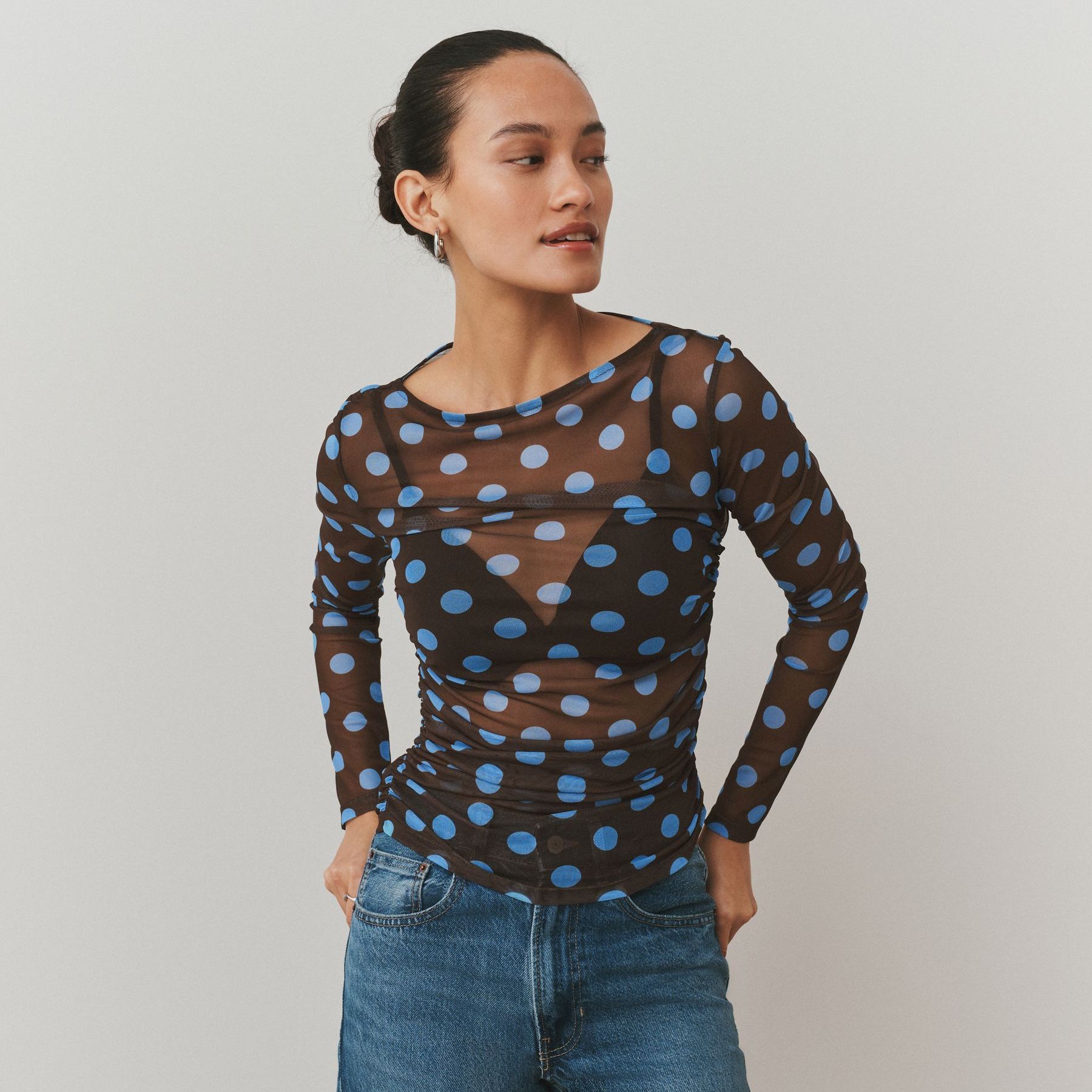 Chocolate Brown/blue Polka Dot Ruched Long Sleeved Mesh Top
