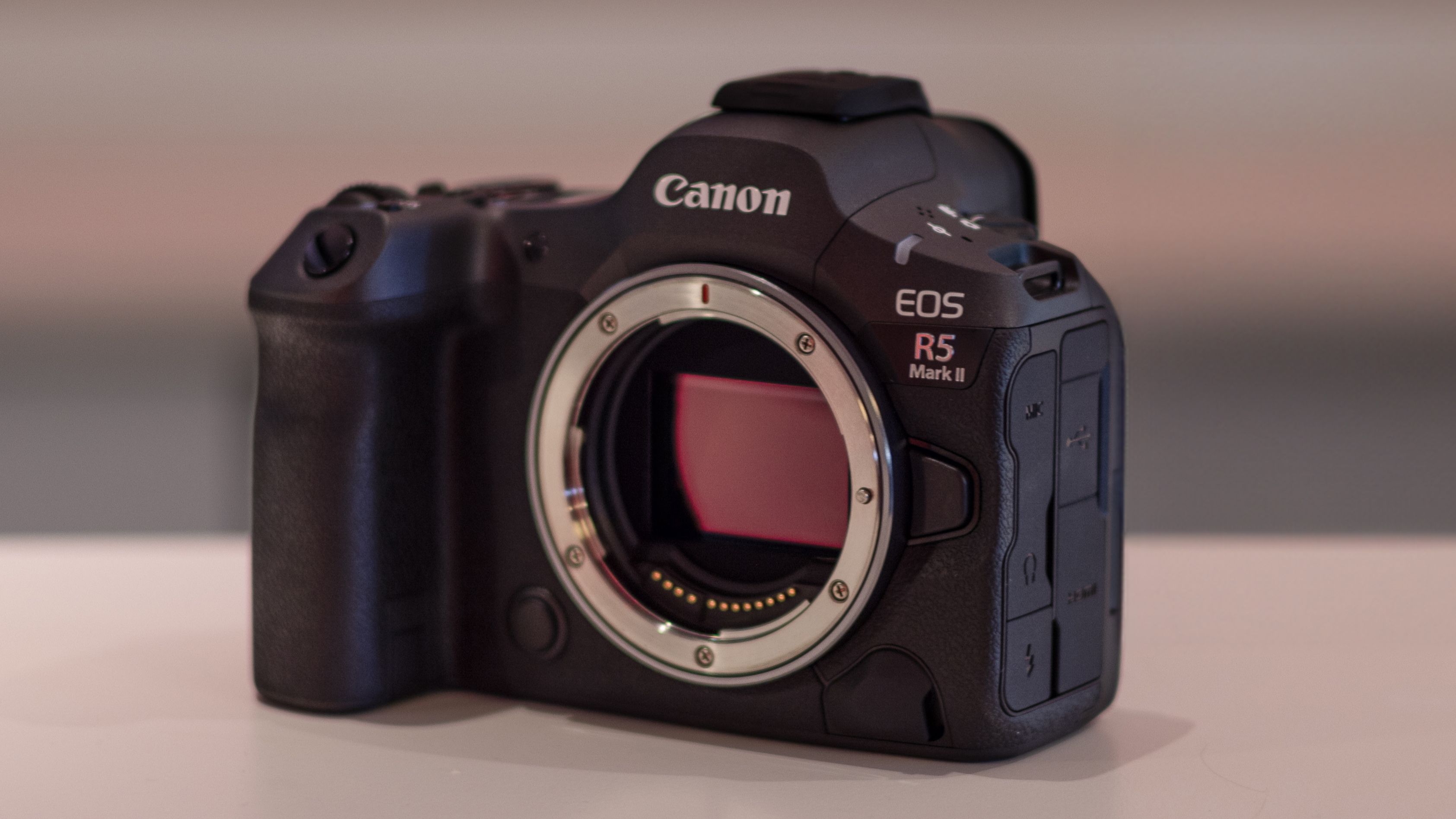 Canon EOS R5 Mark II at an angle, with the image sensor exposed, on a grey-red surface with a textured background