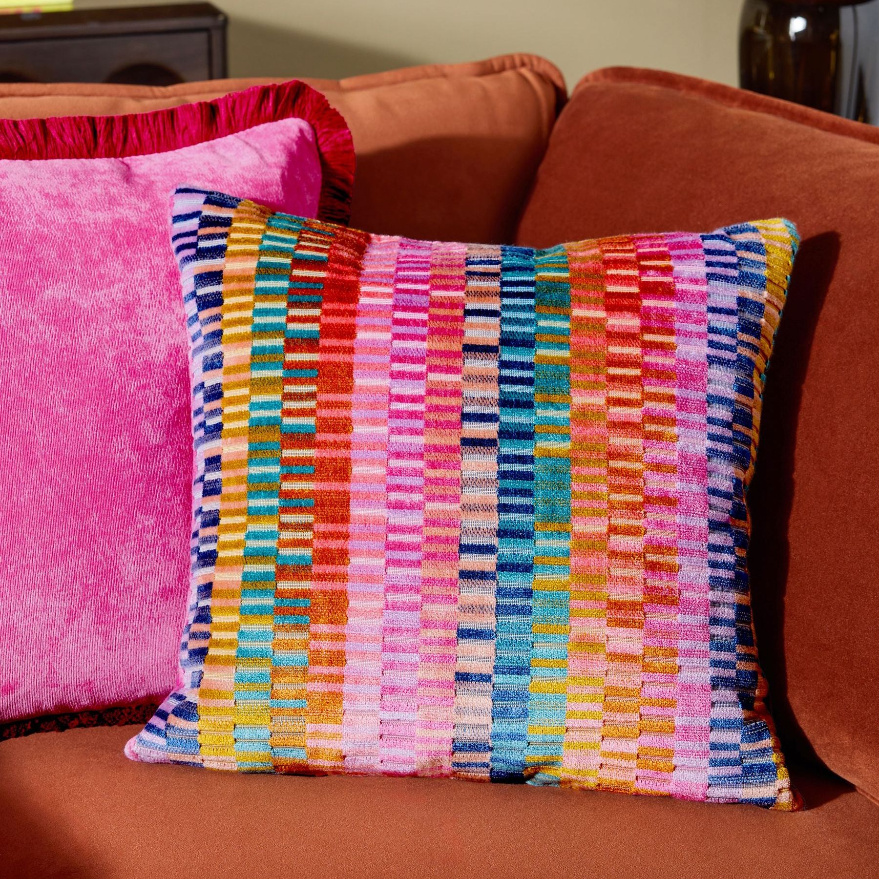 Multi Bright 43 X 43cm Cut Velvet Rio Stripe Cushion - Size 43x43