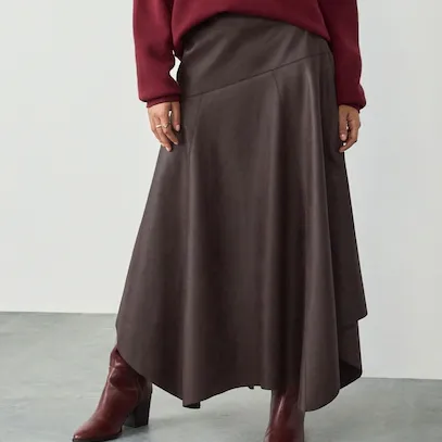 Chocolate Brown Faux Leather Asymetric Hem Midi Skirt