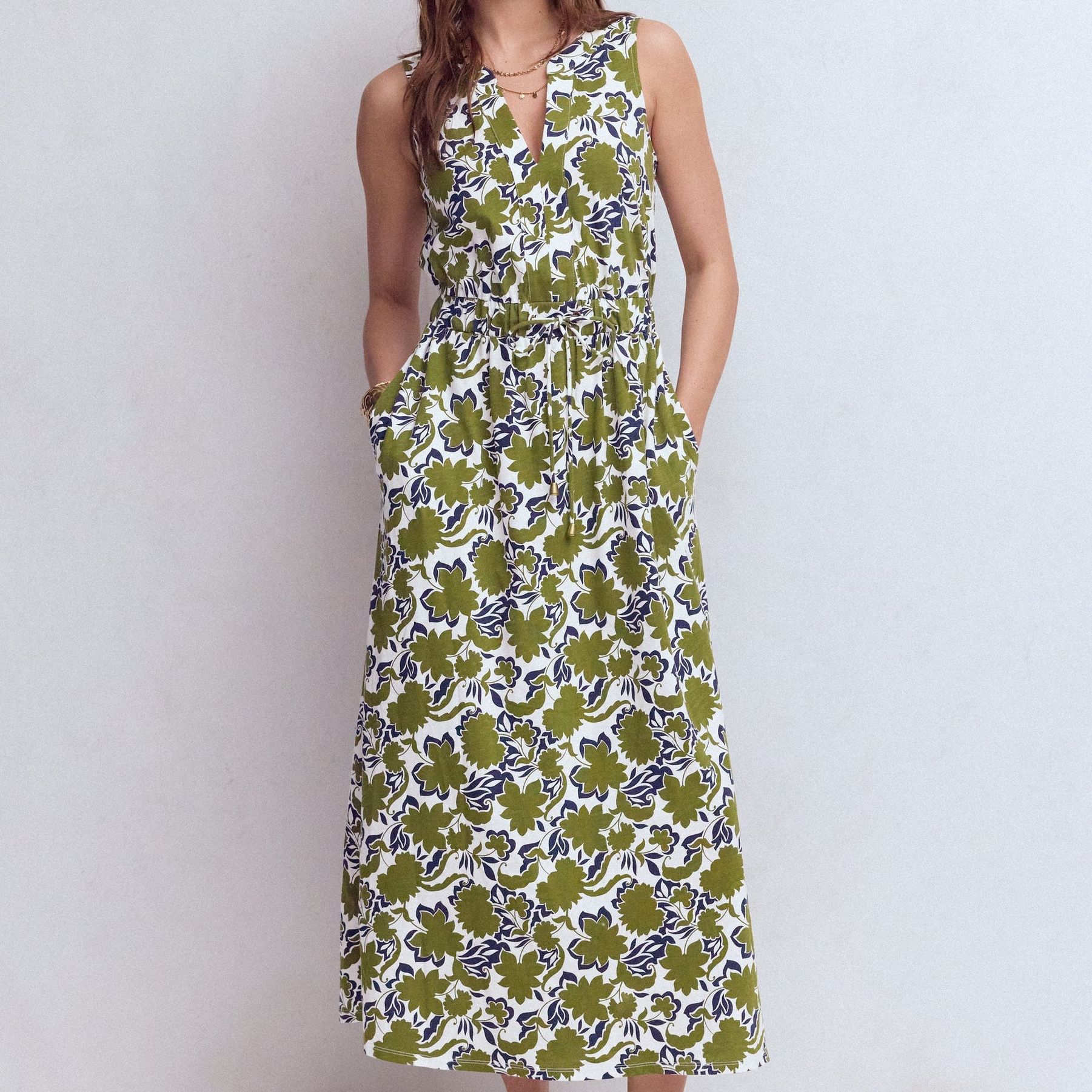 Delphine Midi Jersey Dress-Olive, Shadow Blossom