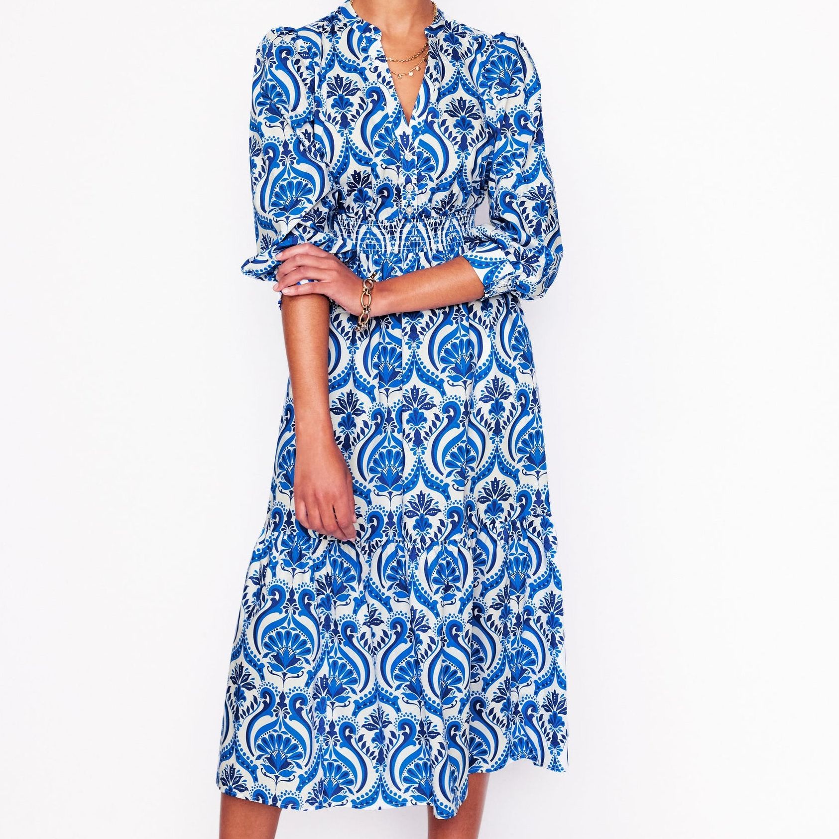 Elena Tiered Cotton Midi Dress-Blue, Ornamental Floral