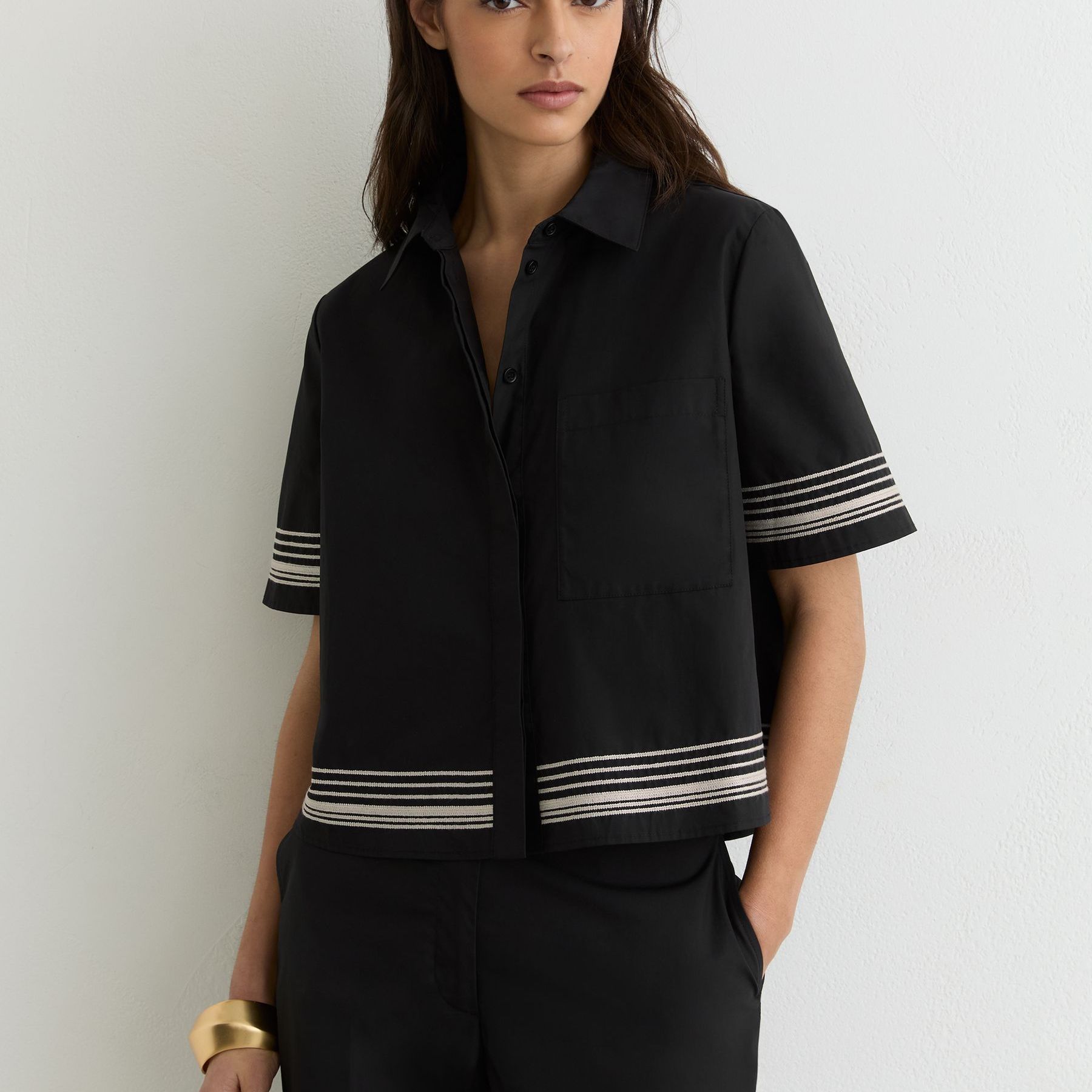 Cotton Stripe-Detail Boxy Shirt in Black/ivory - Size 4