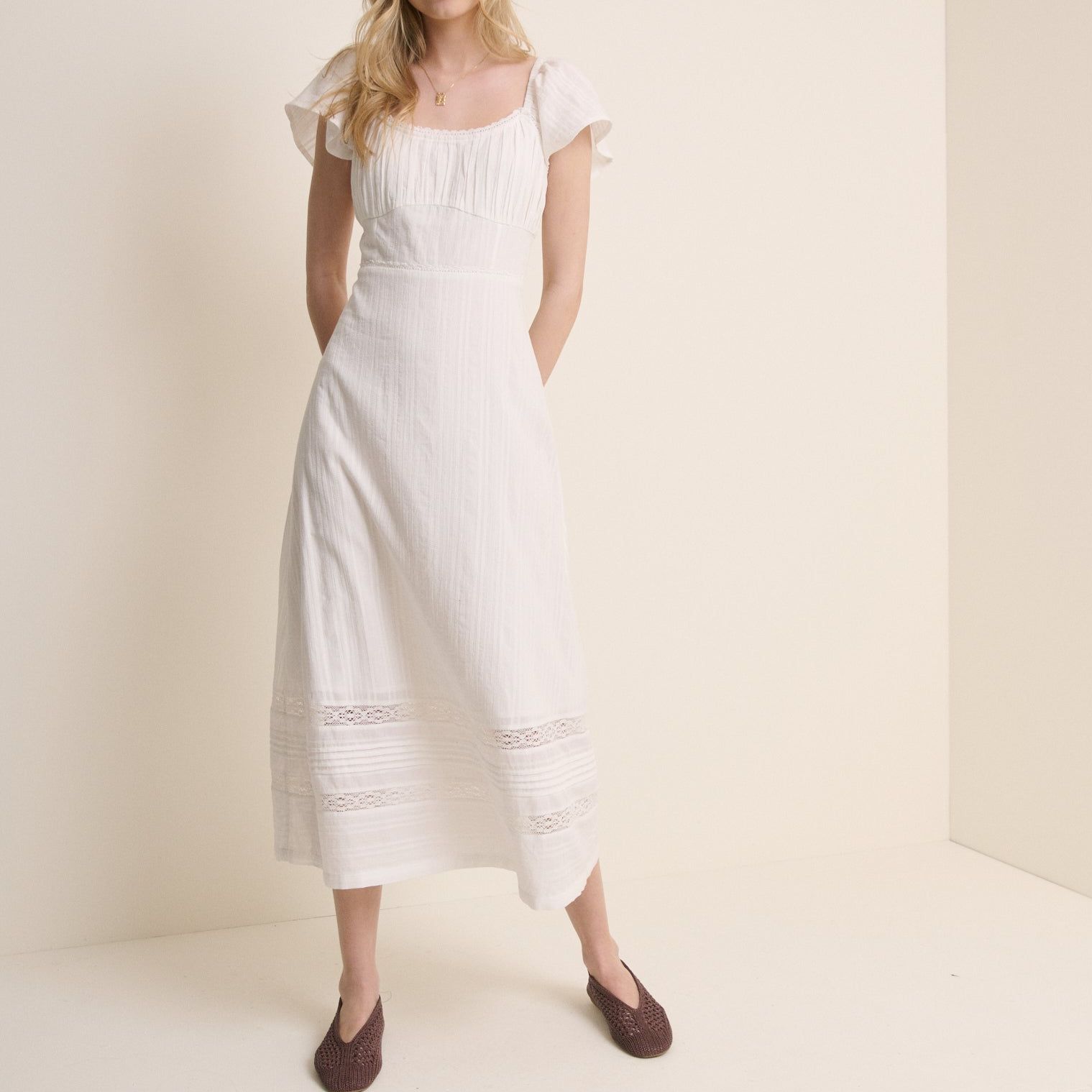 White Pintuck Scoop Neck Alex Midi Dress