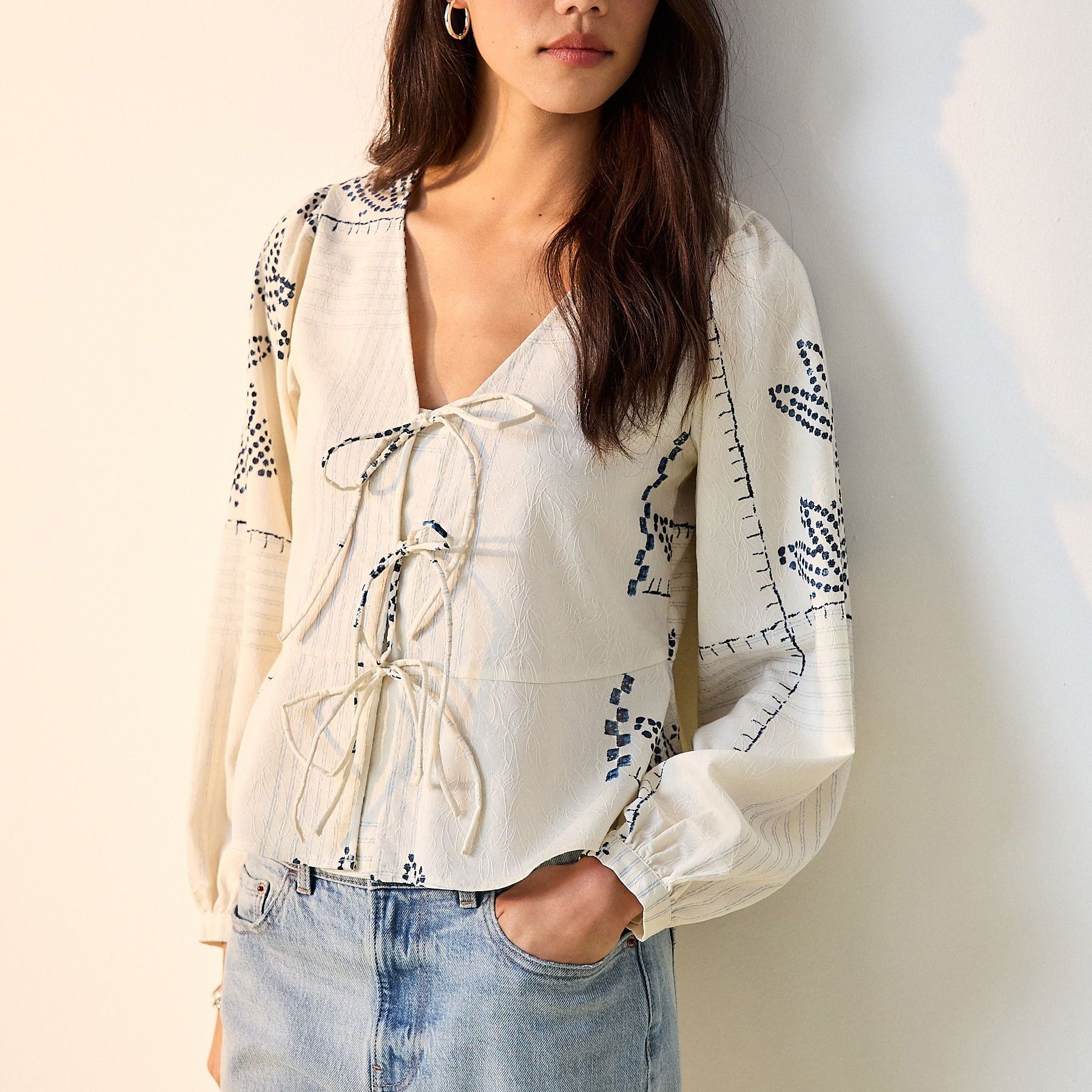 Ecru Jacquard Blue Floral Print Tie-Neck Long Sleeve Blouse