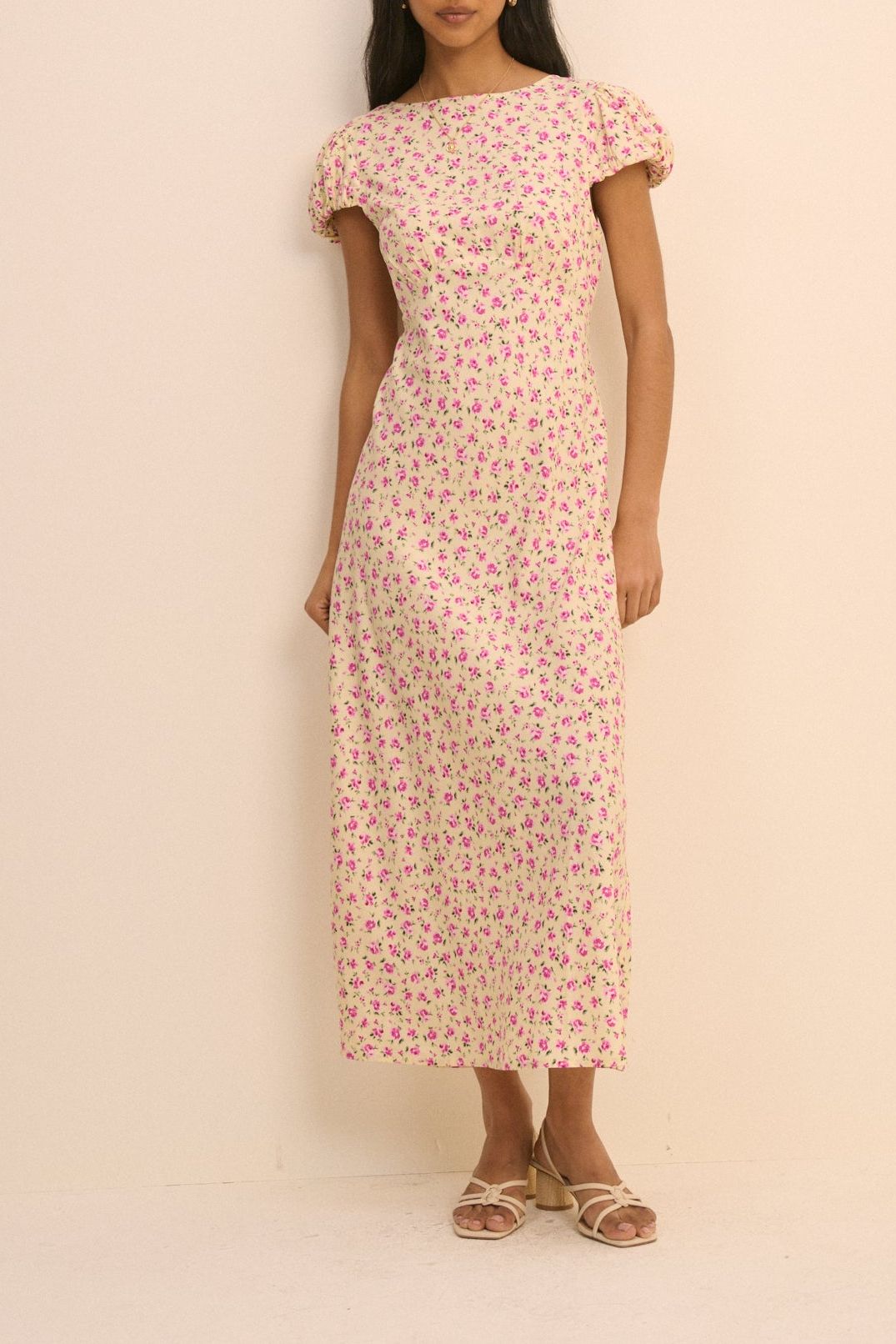 Cream and Pink Floral Willow Midi Dress