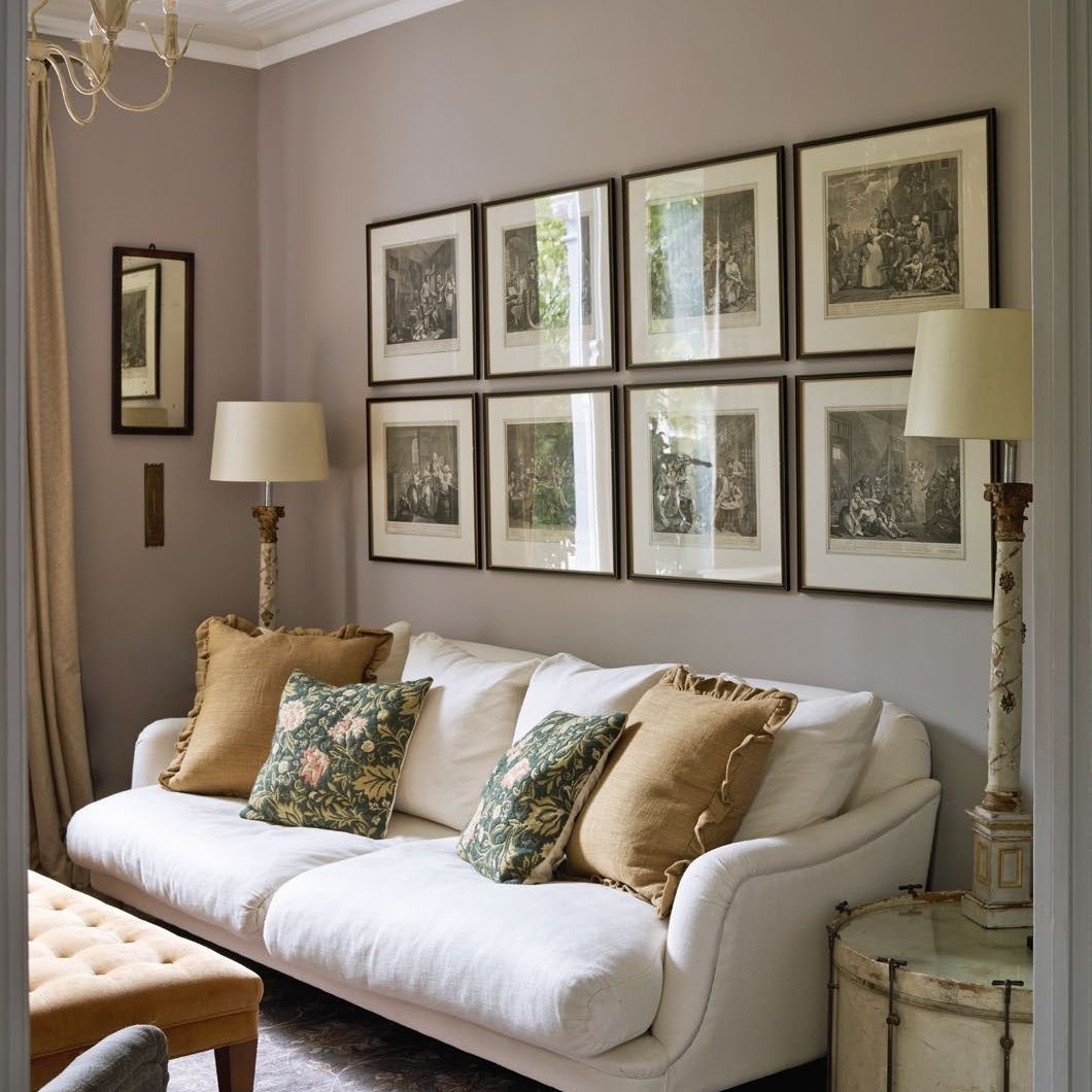 elegant living room with pale sofa and wall of antique etching artworks on wall behind