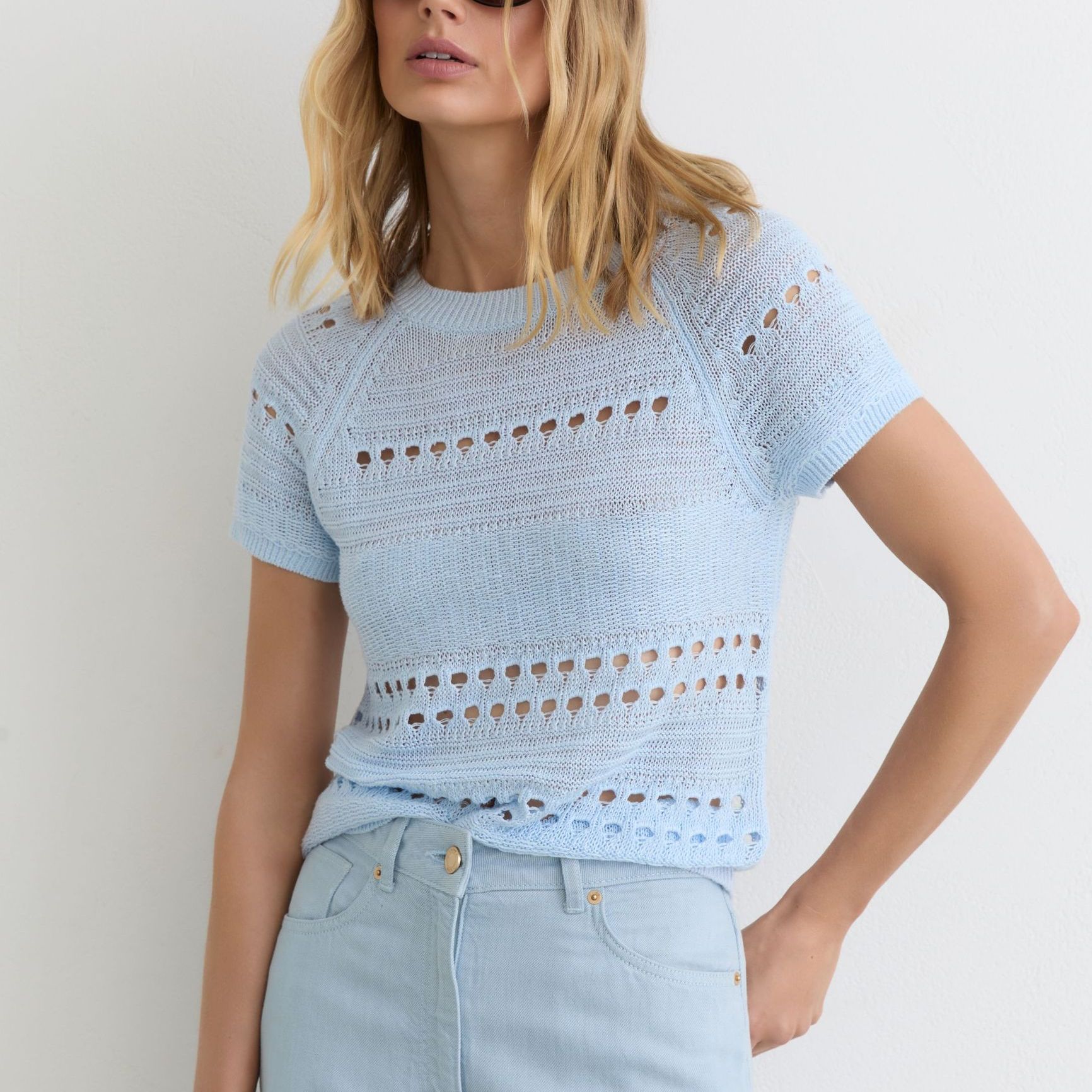 Linen Textured-Knit Top in Light Blue