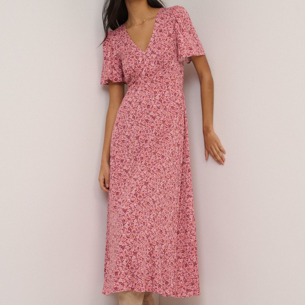 Pink Floral Atlas Midi Dress