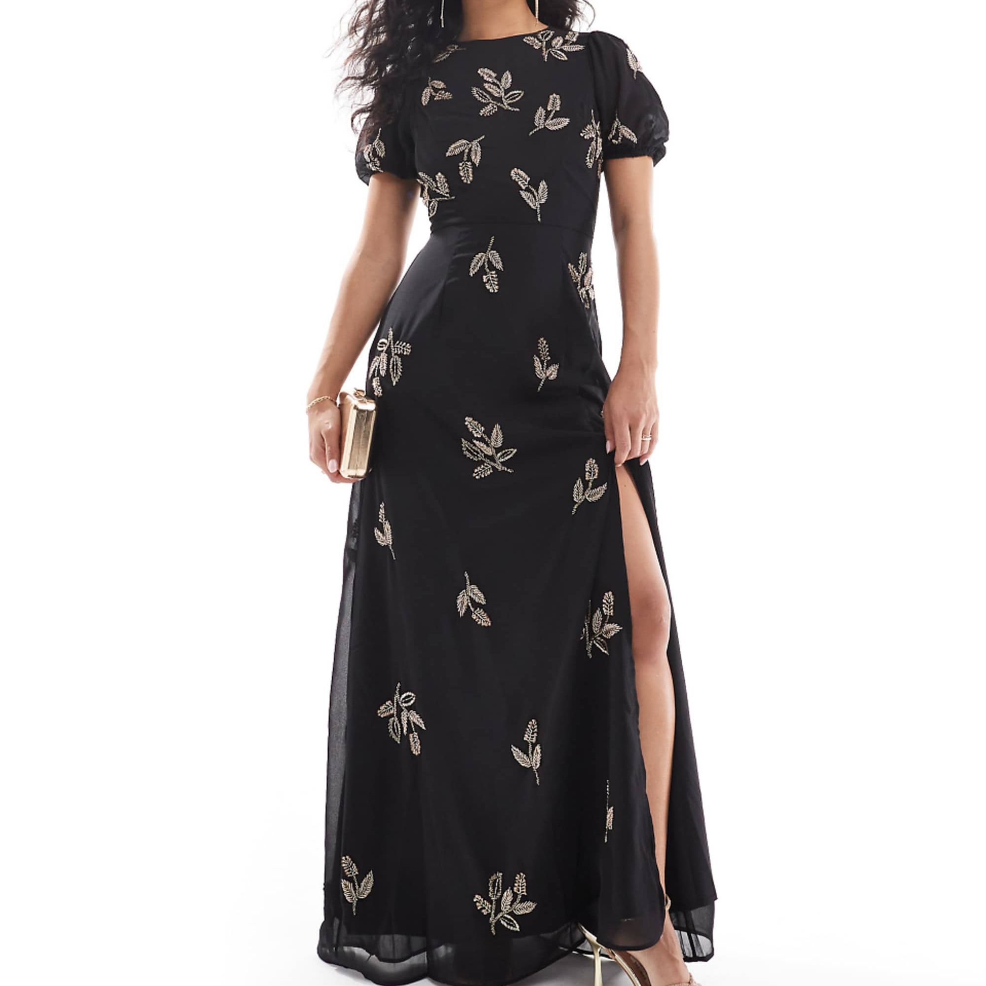 Maya Embellished Open Back Maxi Dress in Black
