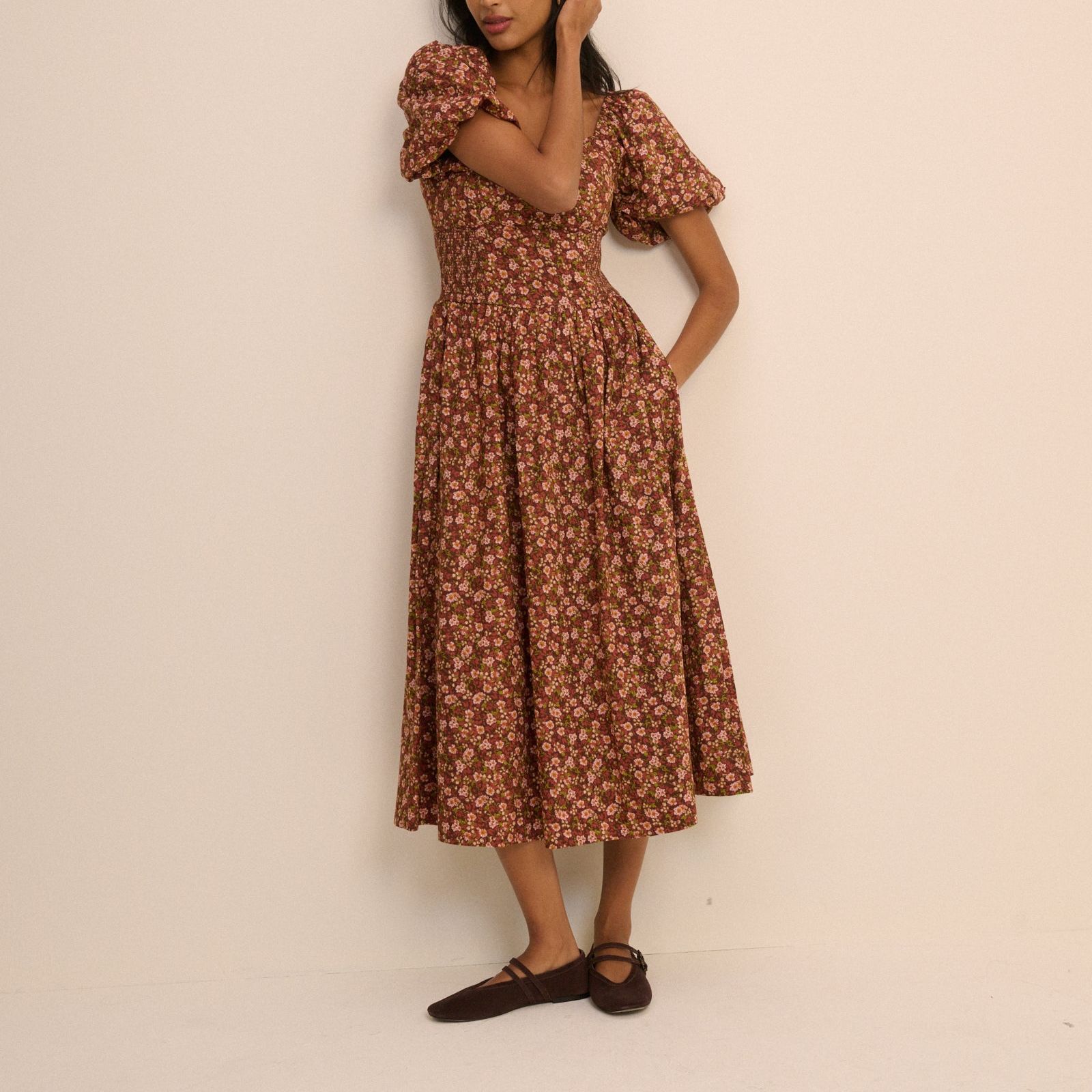 Brown Ditsy Floral Puff Sleeve Mara Midi Dress