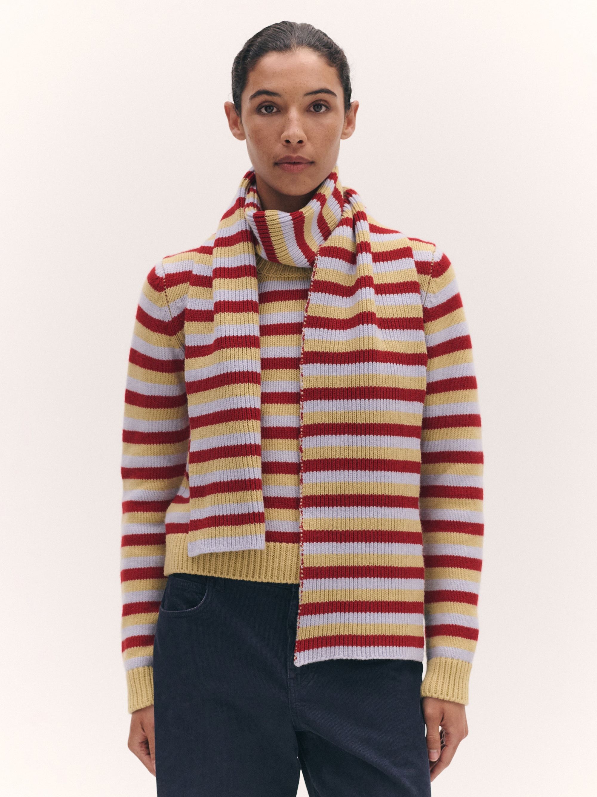 Striped Scarf in Ruby Red and Dust Blue Stripe