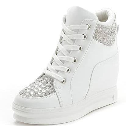 Rismart Women's Wedge Heel Trainers Glitter High Top Lace-Up Ankle Bootie White,2.5 Uk