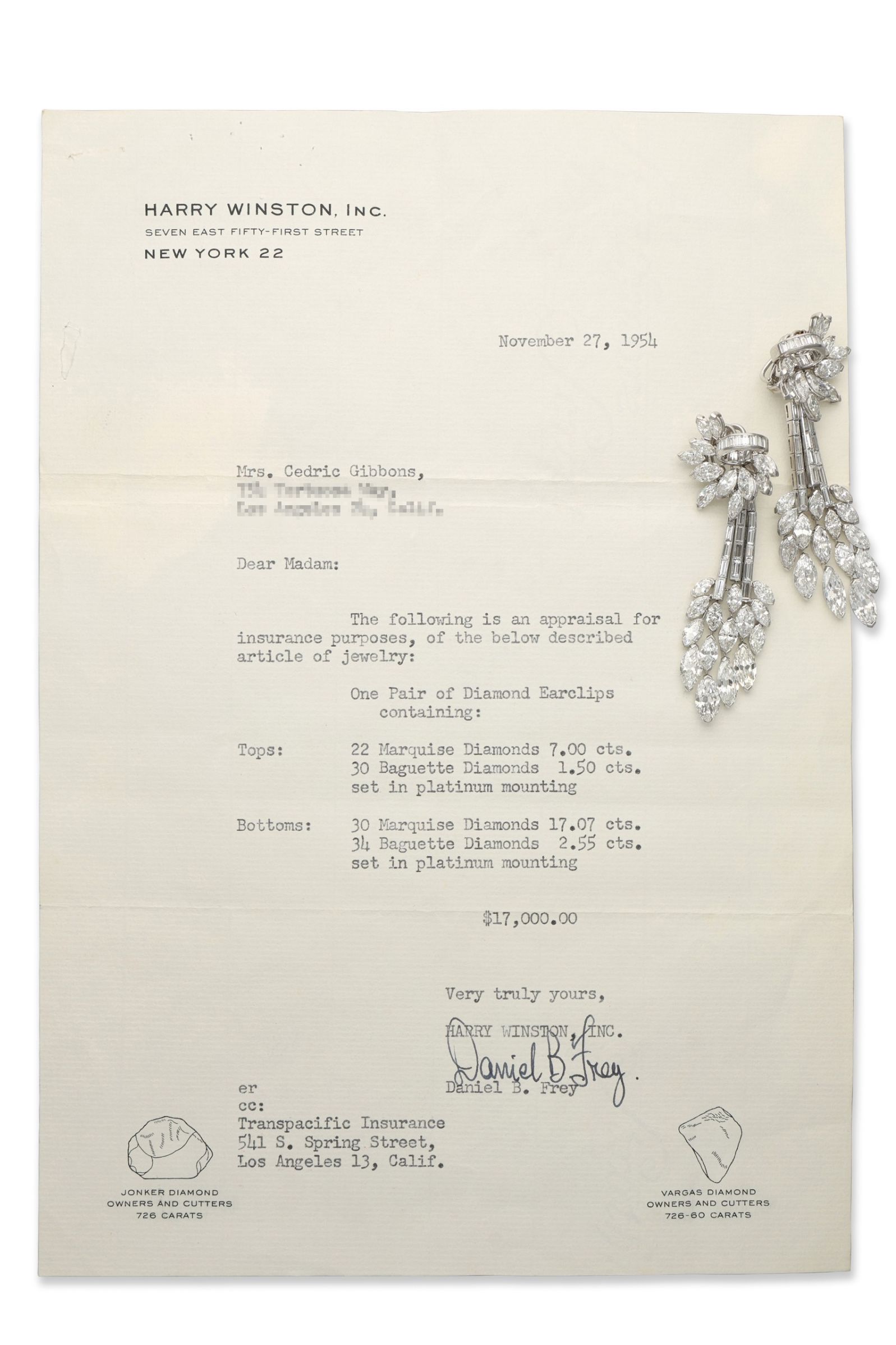 A mid-20th-century insurance valuation for a pair of earrings