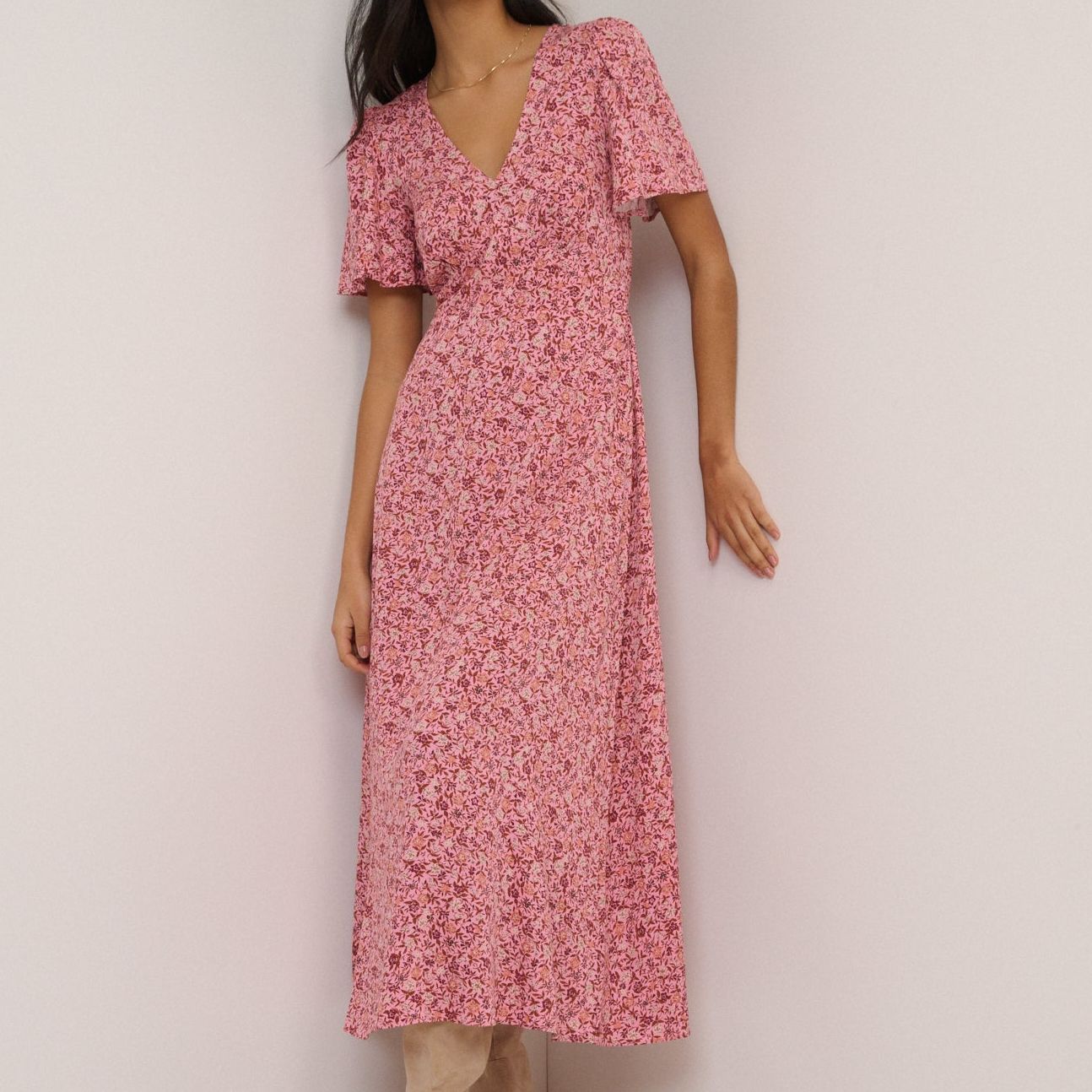 Pink Floral Atlas Midi Dress