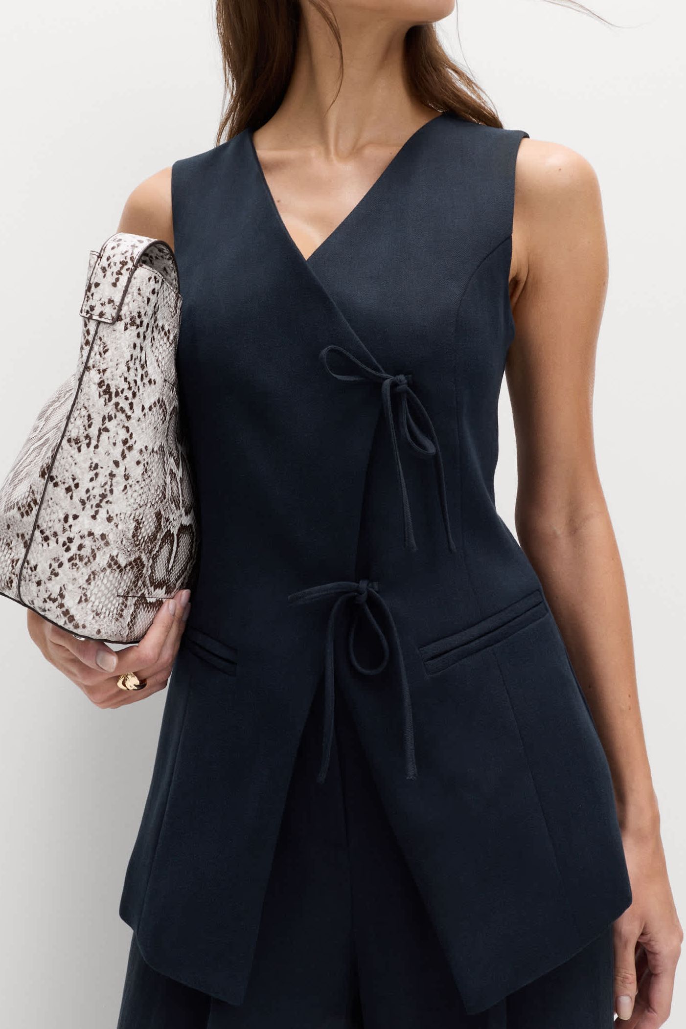 V-Neck Tie Front Waistcoat With Linen