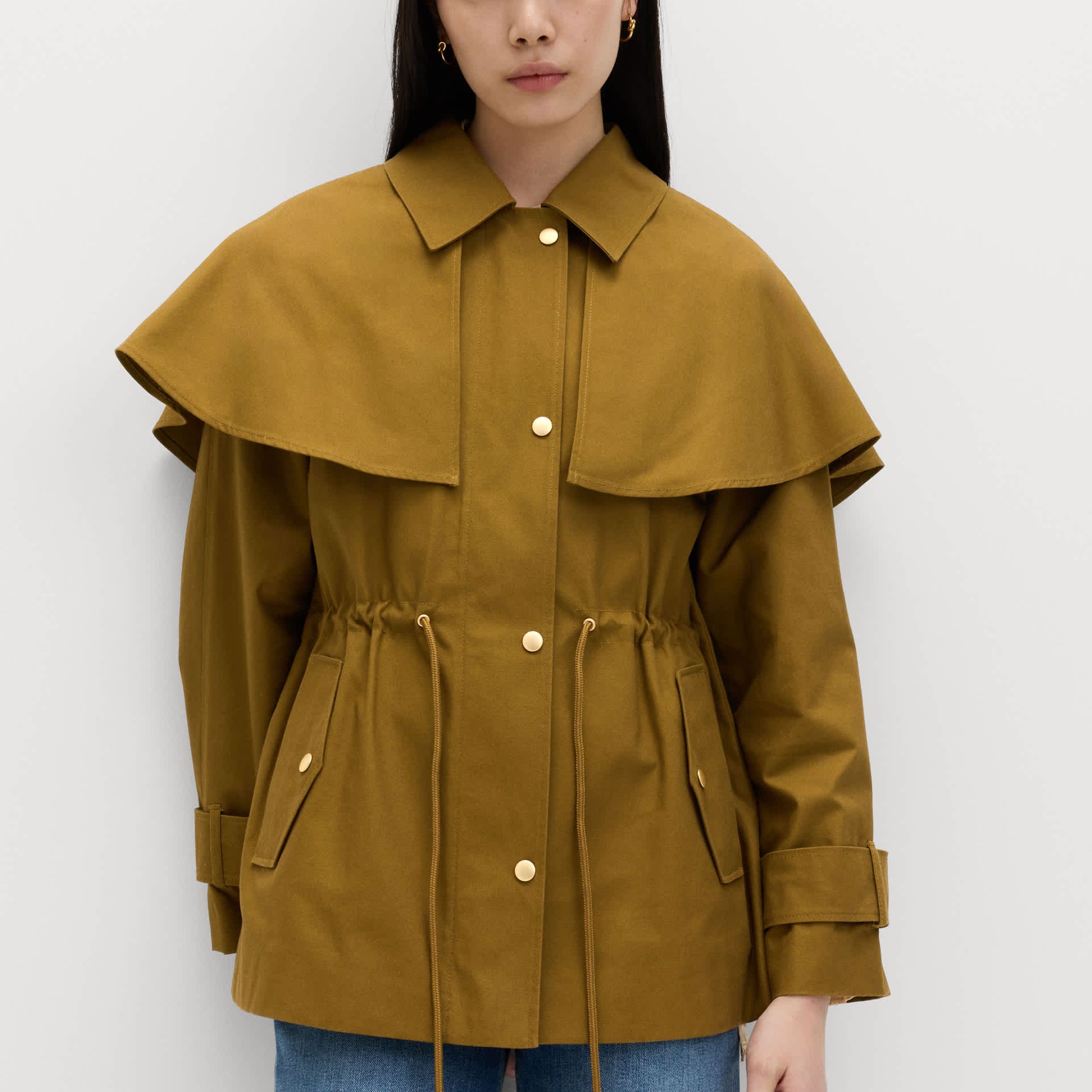 Pure Cotton Waisted Collared Cape Coat