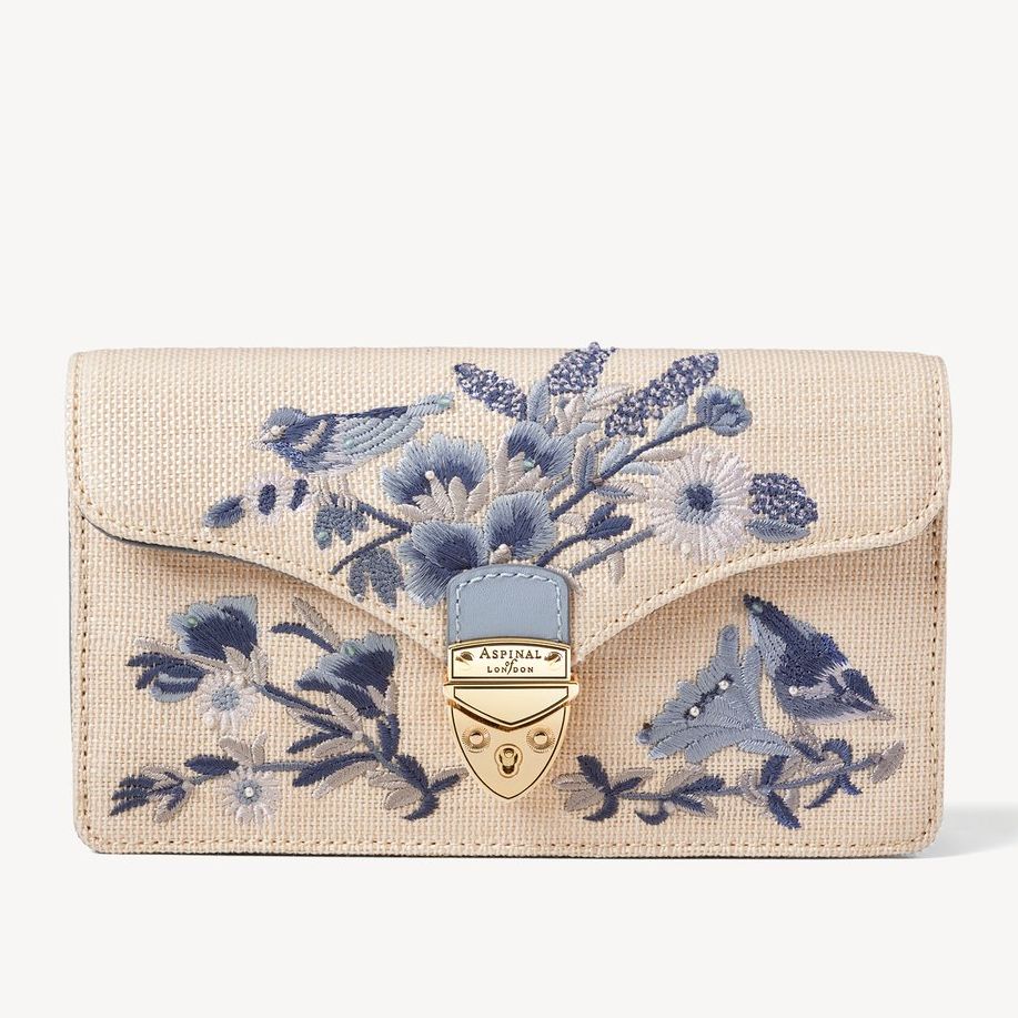 Aspinal Blue Embroidered Mayfair Clutch