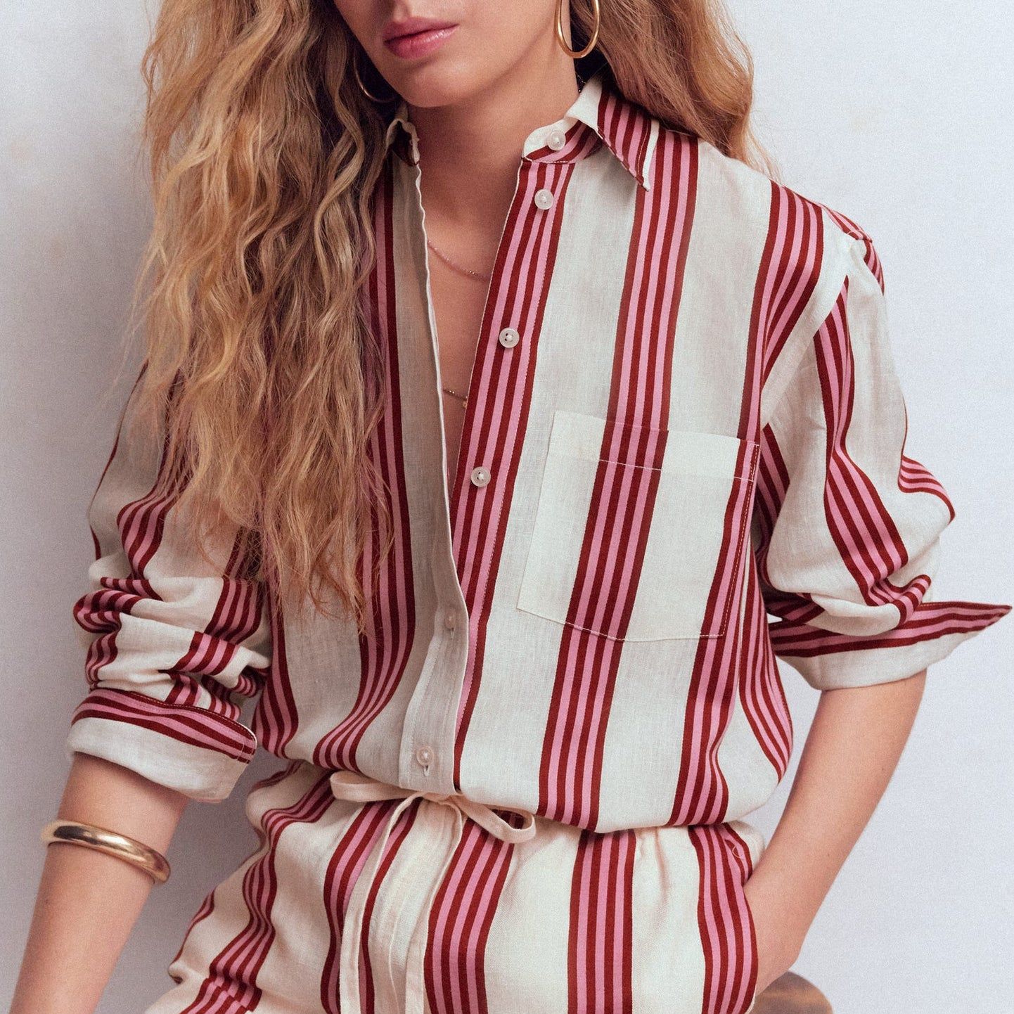 Sadie Relaxed Linen Shirt-Ivory, Brown, Pink Stripe