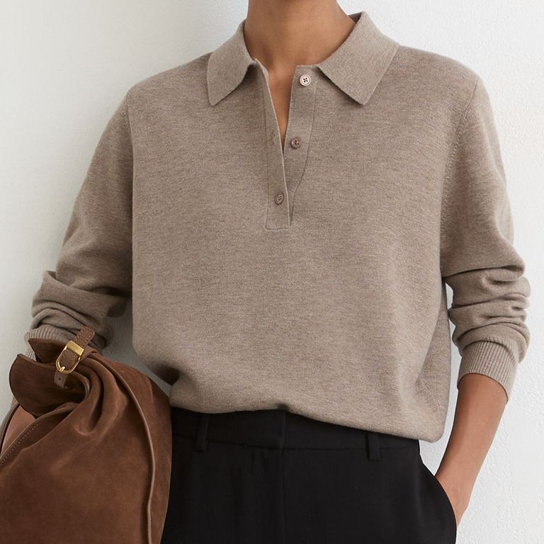 Merino Wool Knitted Polo Jumper in Neutral - Size X-Small