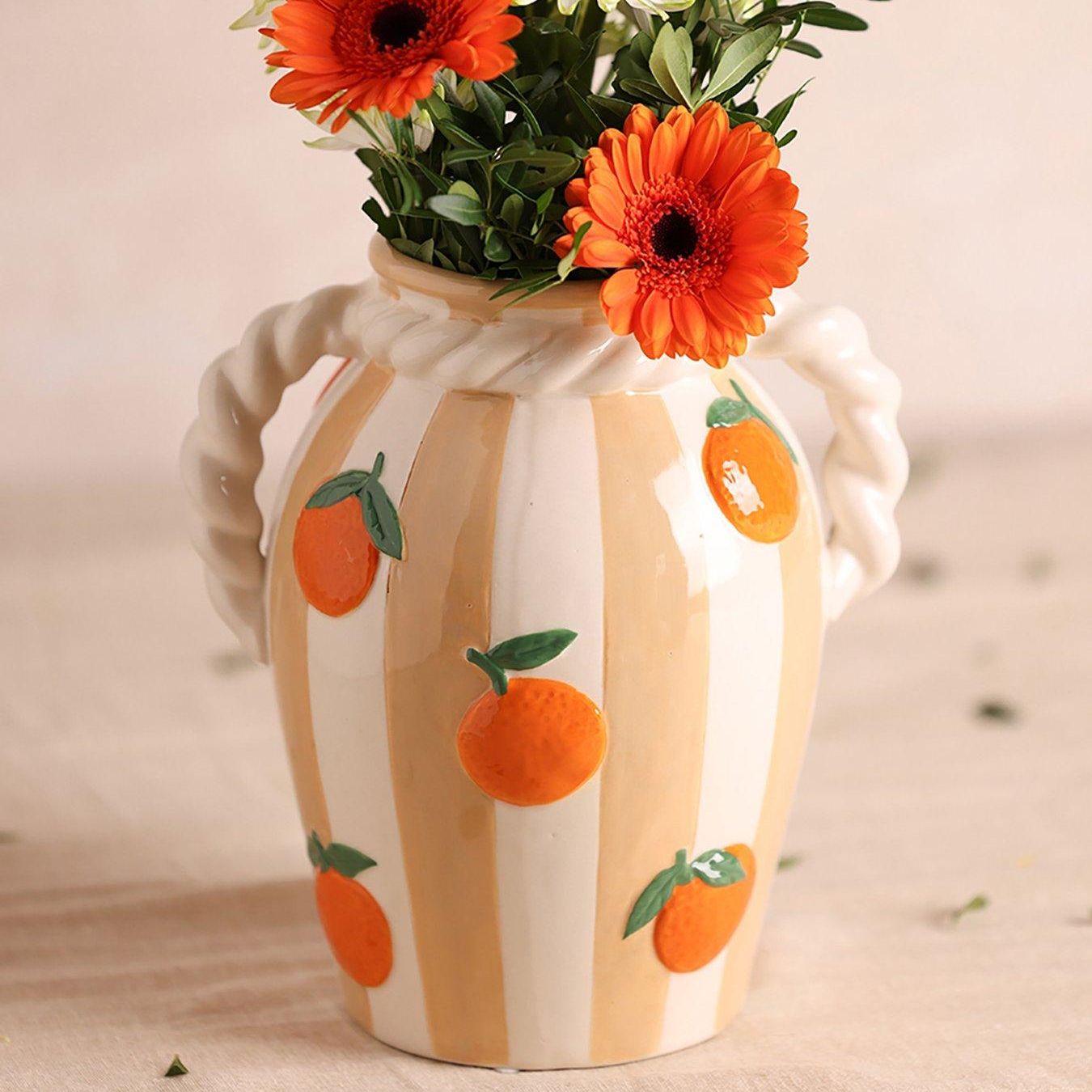 Striped Vase With Oranges and Rope Effect Handle - Orange