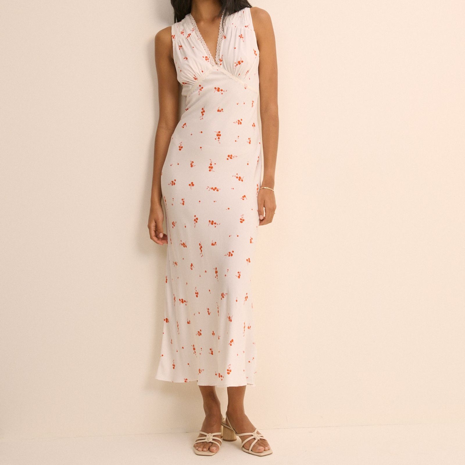 White Cherry Print Ria Midi Dress
