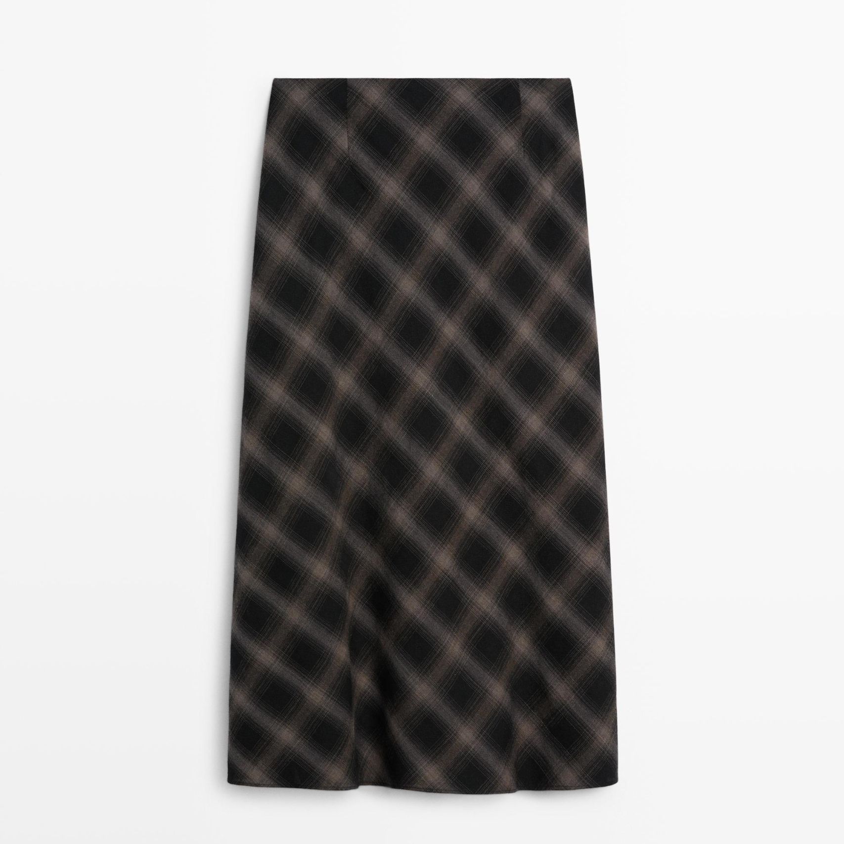 Wool-Cotton Blend Check Midi Skirt With Split