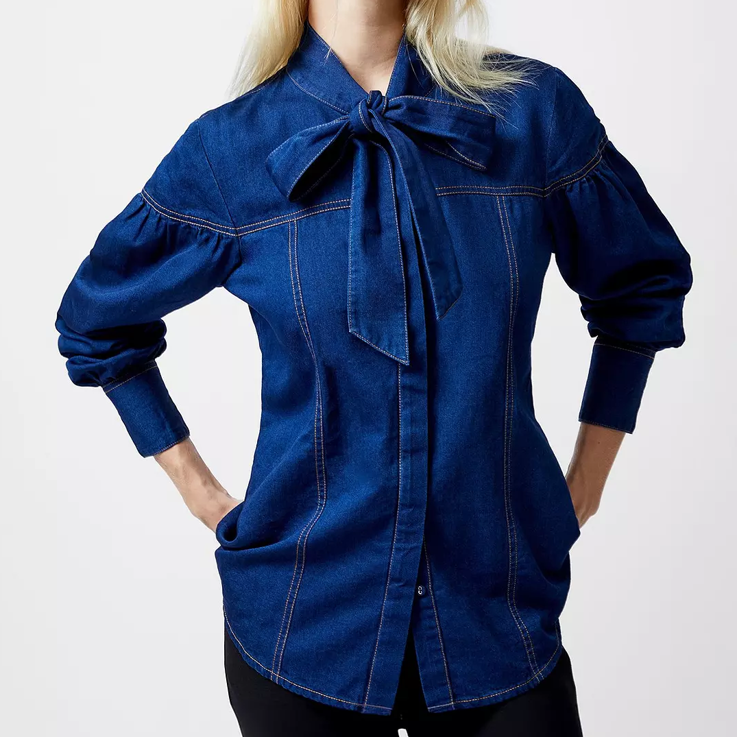 denim shirt with tie neckline