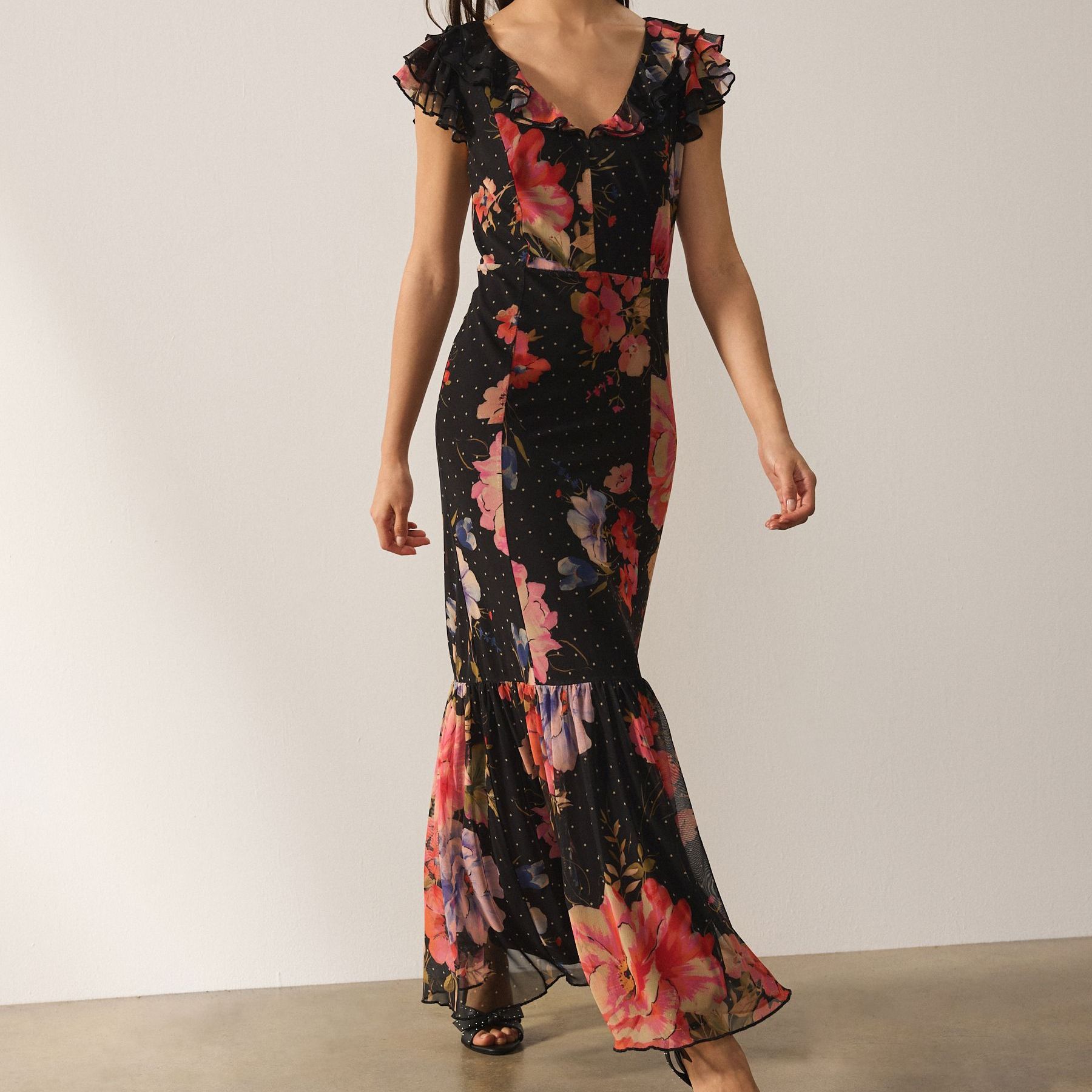 Black Floral Print Ruffle Sleeve Mesh Occasion Maxi Dress