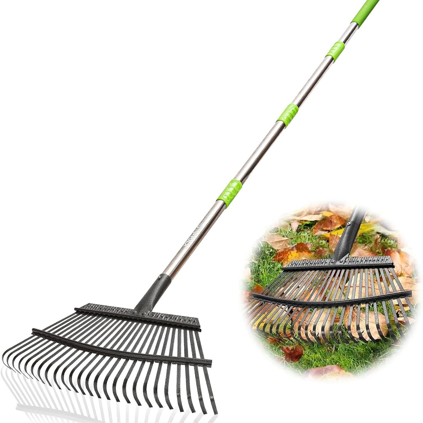 Joyhalo Rake for Leaves Adjustable 65 Inch Long, 18 Inch Wide Garden Rake With 25 Tines, Metal Leaf Rakes, Rakes for Lawns, Gathering Leaves, Weeds, Debris