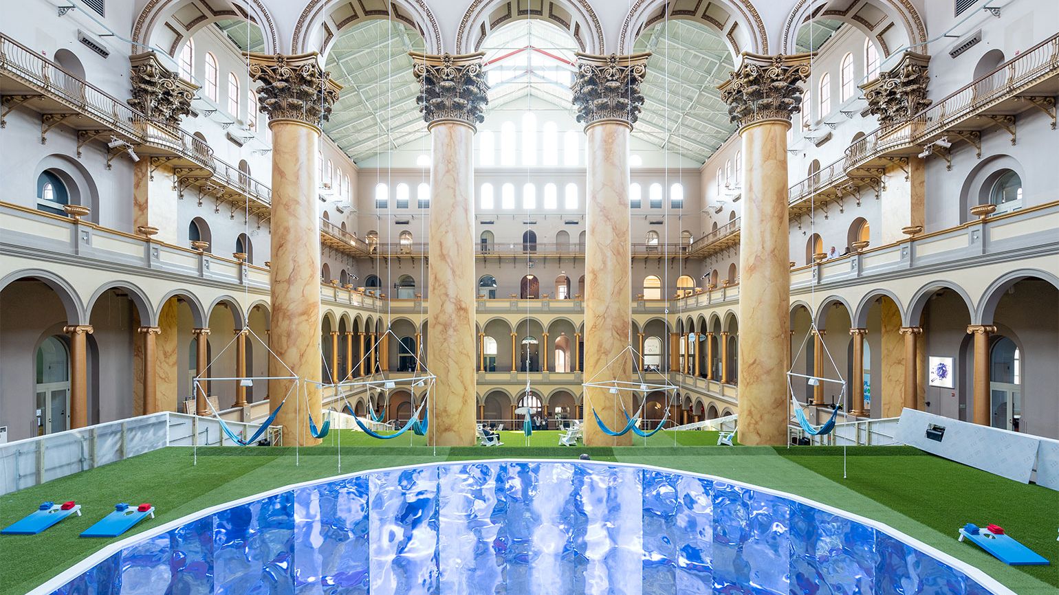 atrium アトリウム　Werner Blaser　 　本　建築　中庭　回廊 Rockwell Lab launches Lawn at the National Building Museum