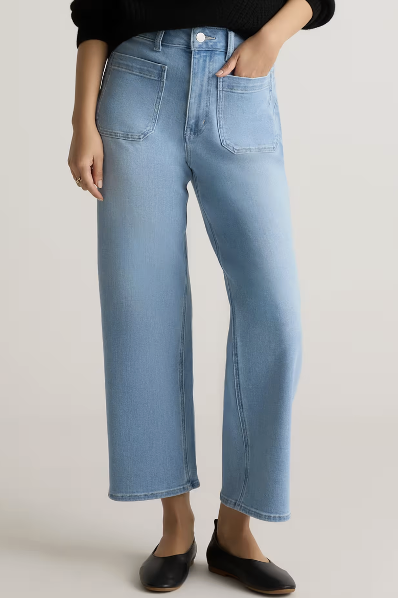 Quince, Bella Stretch Patch Pocket Wide Leg Jeans in Deep Sea Blue
