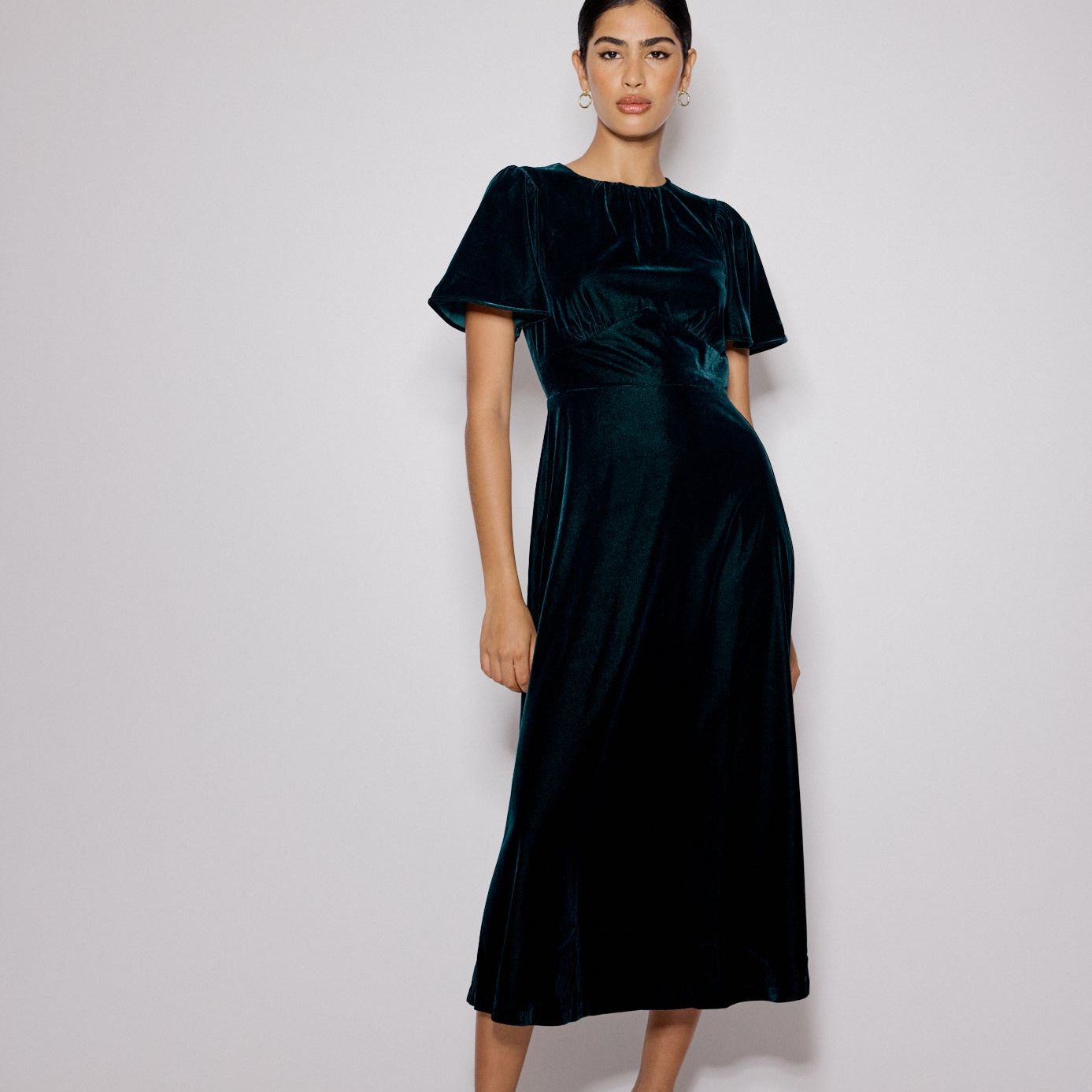 Dark Green Velvet A-Line Allegra Midi Dress