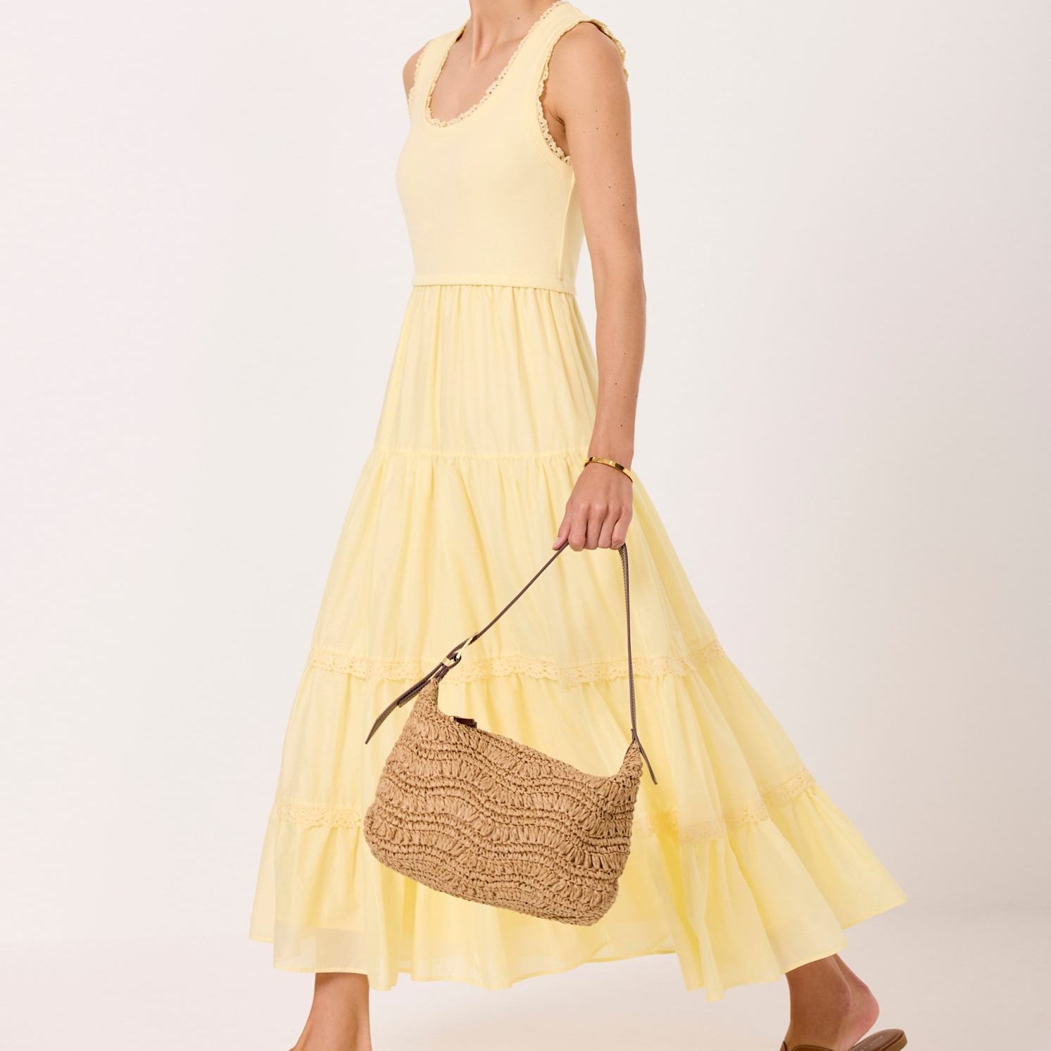 Yellow Crochet Trim Tiered Midi Dress
