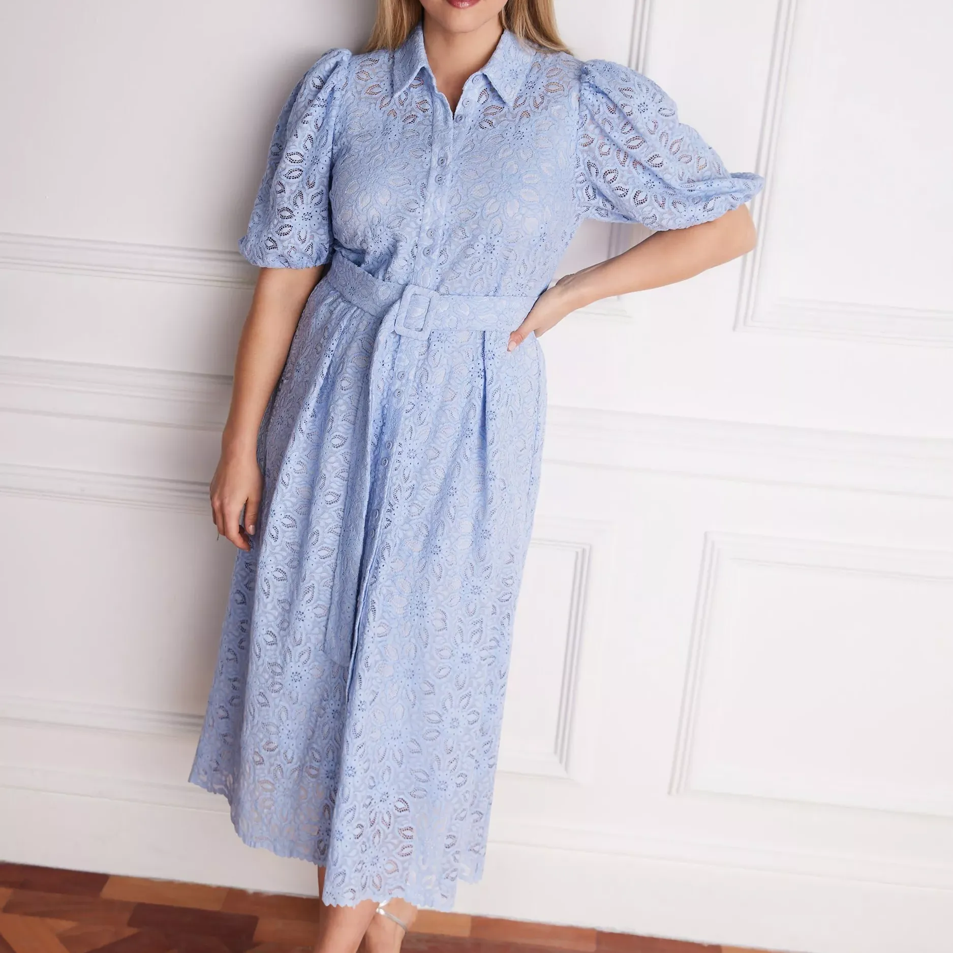 Live Unlimited Belted Lace Shirt Dress