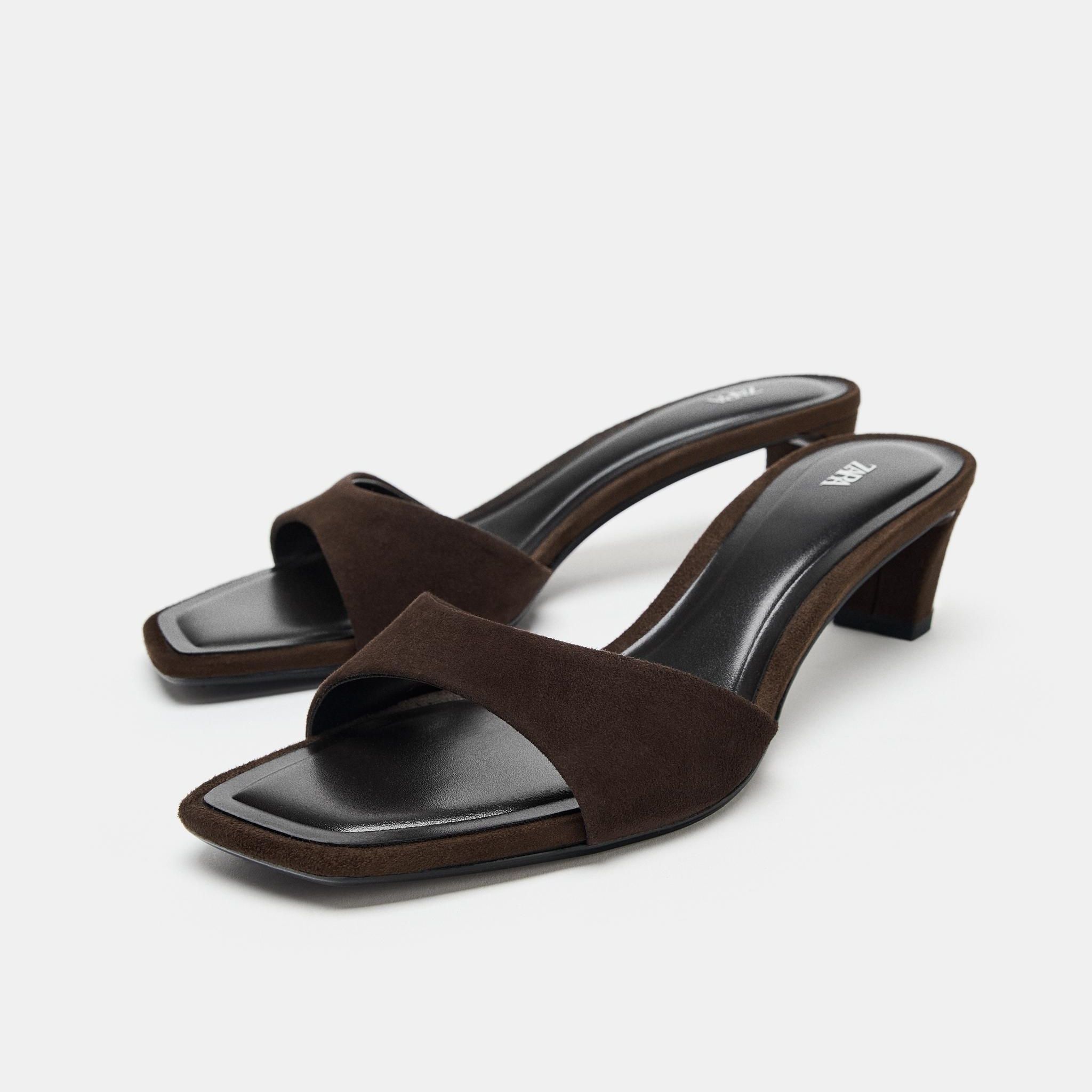 Suede Heel Mule Sandals - Chocolate Brown - 2