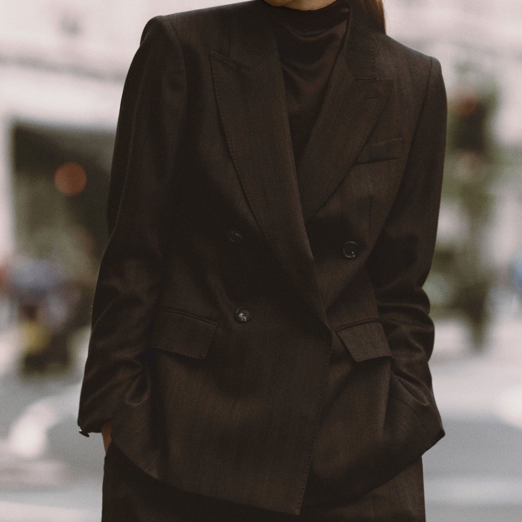 Wool-Blend Herringbone Double-Breasted Blazer in Chocolate Brown - Size 4