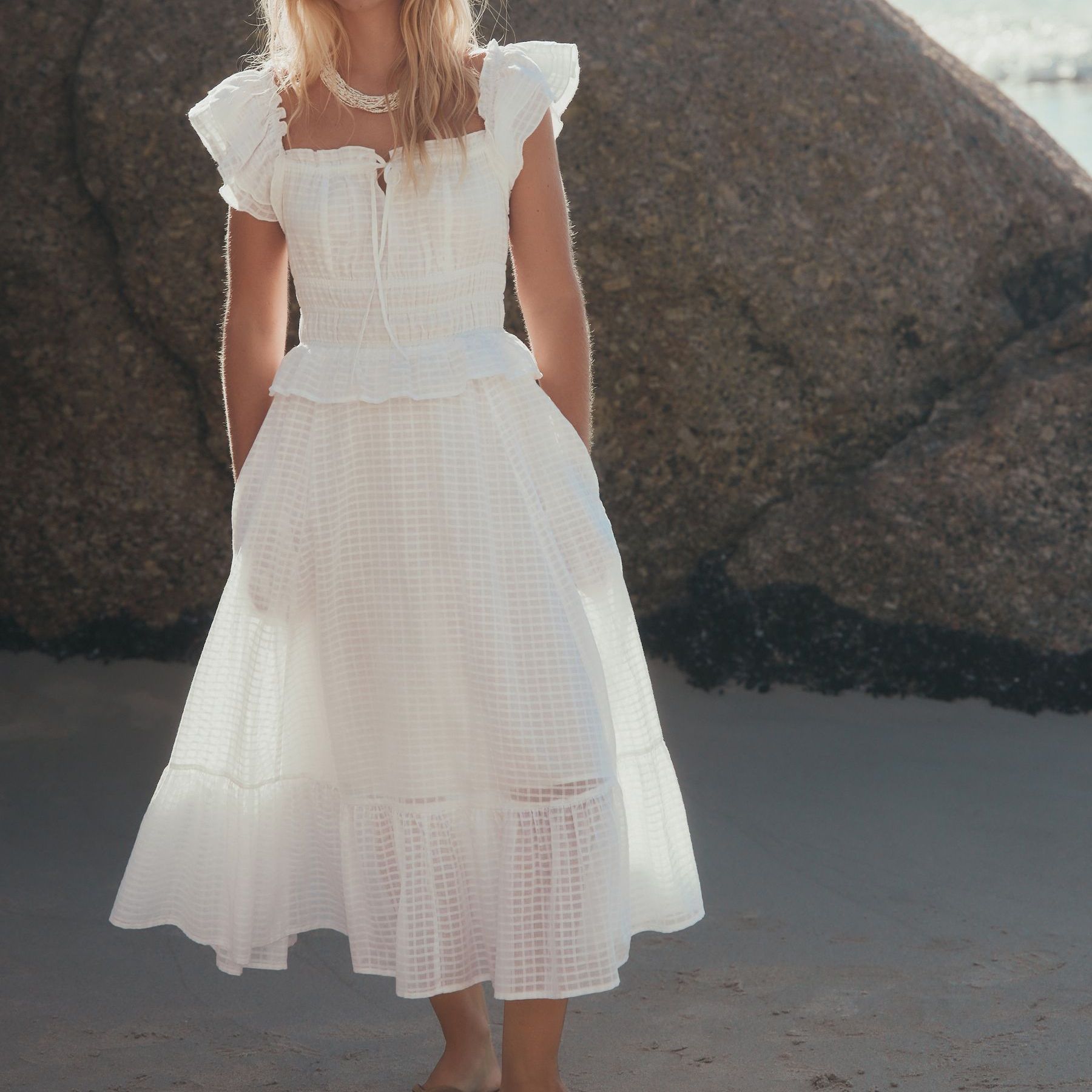 White Flutter Sleeve Square Neck Dress - Size 6