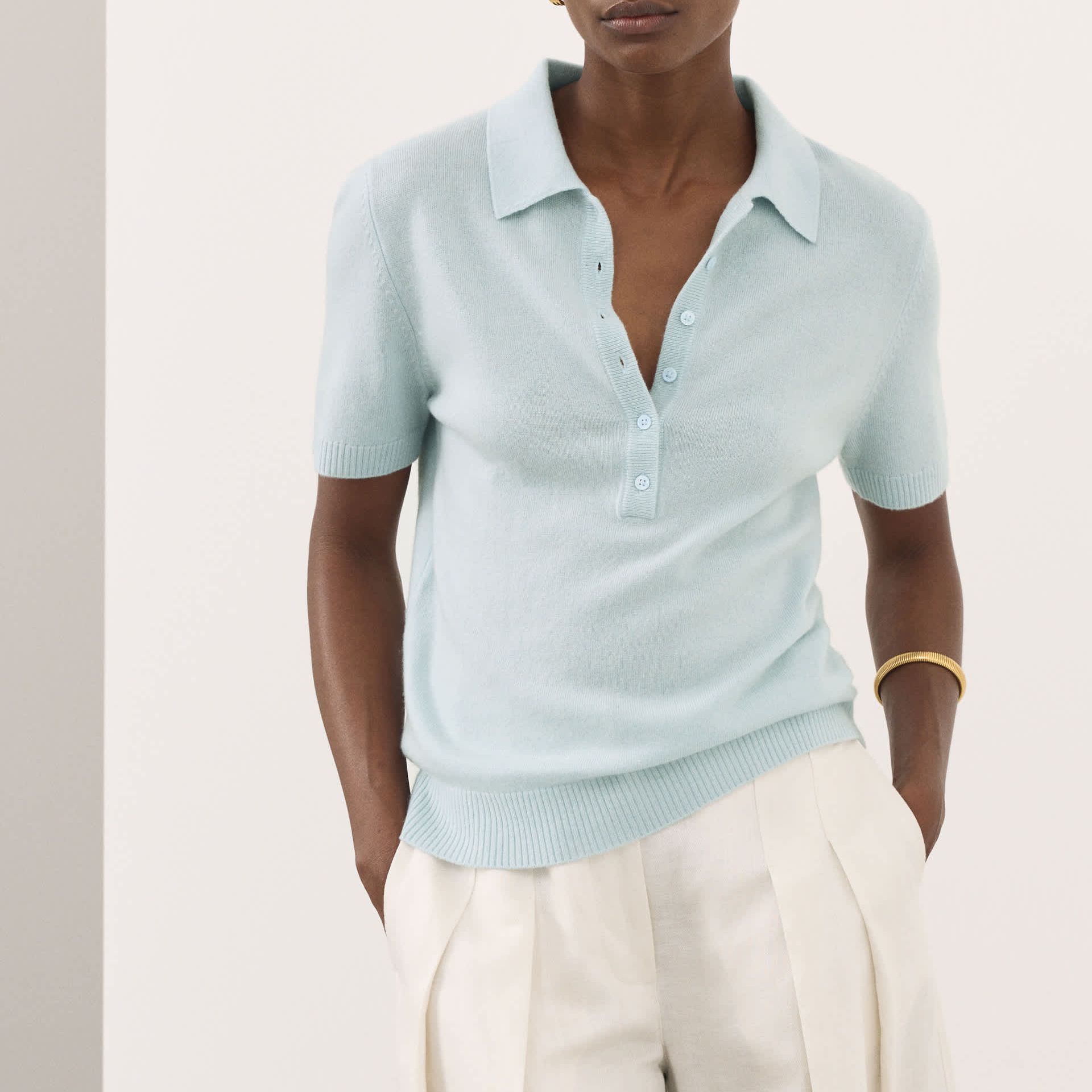 Merino Wool Rich Polo Neck Knitted Top With Cashmere
