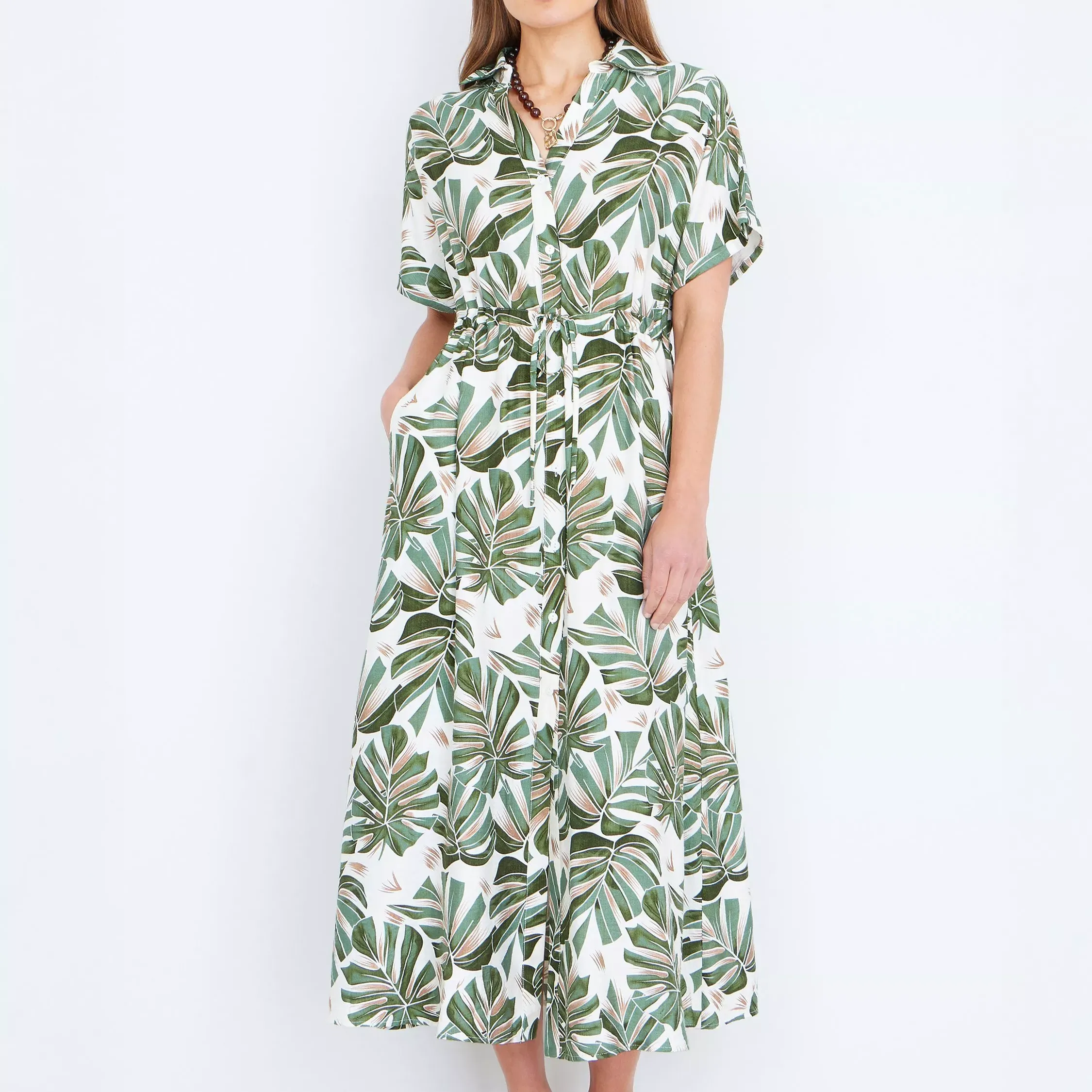 Yumi Leaf Print Shirt Midi Dress, Green/multi