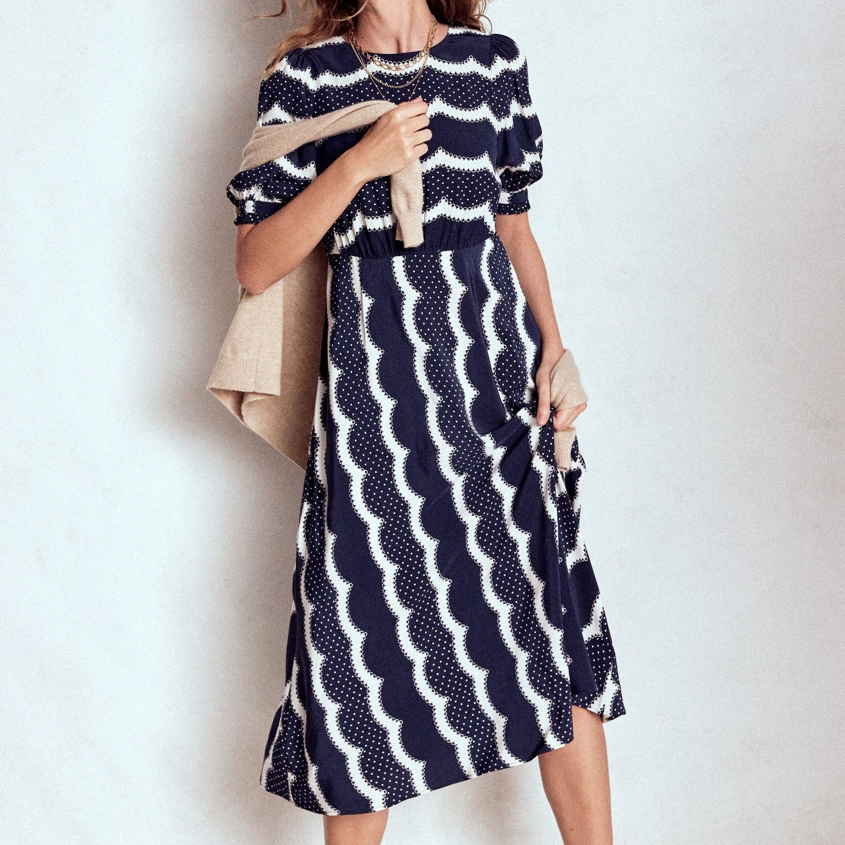 Blanca Midi Tea Dress-French Navy, Dainty Scallop