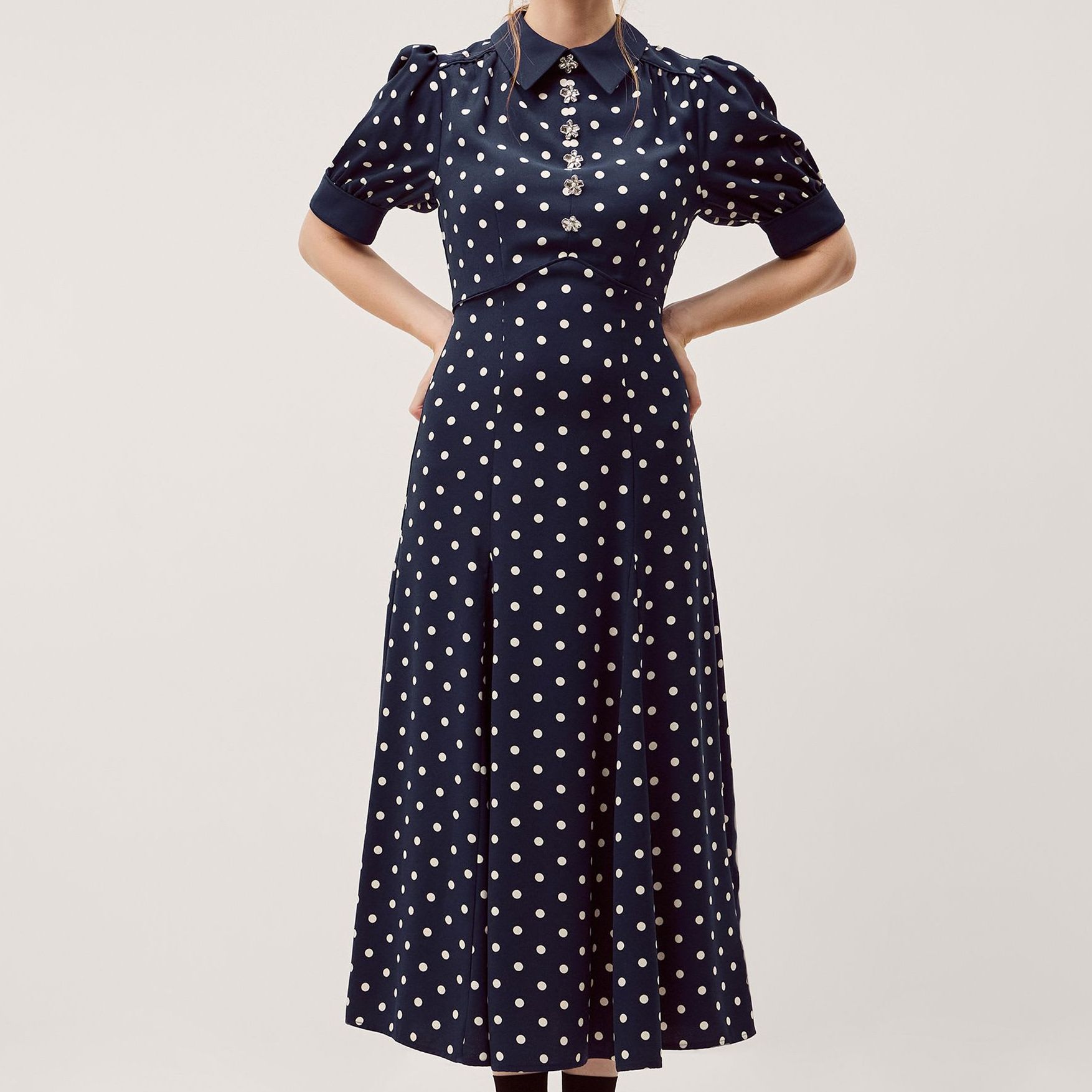 Polka Dot Embellished Midi Tea Dress