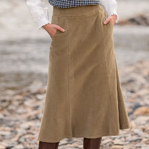 Ladies Long Fluted Needlecord Skirt Beige